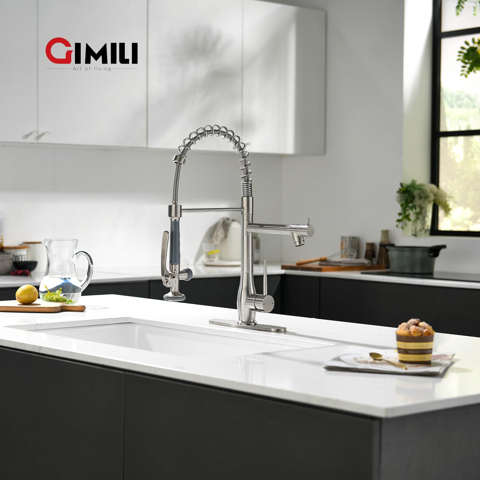 GIMILI Commercial Grade Brushed Nickel Kitchen Faucet - Single Handle Pull Down Sprayer with High Pressure & Deck Plate - Stainless Steel Sink Faucet for Restaurant & Home Kitchen Use
