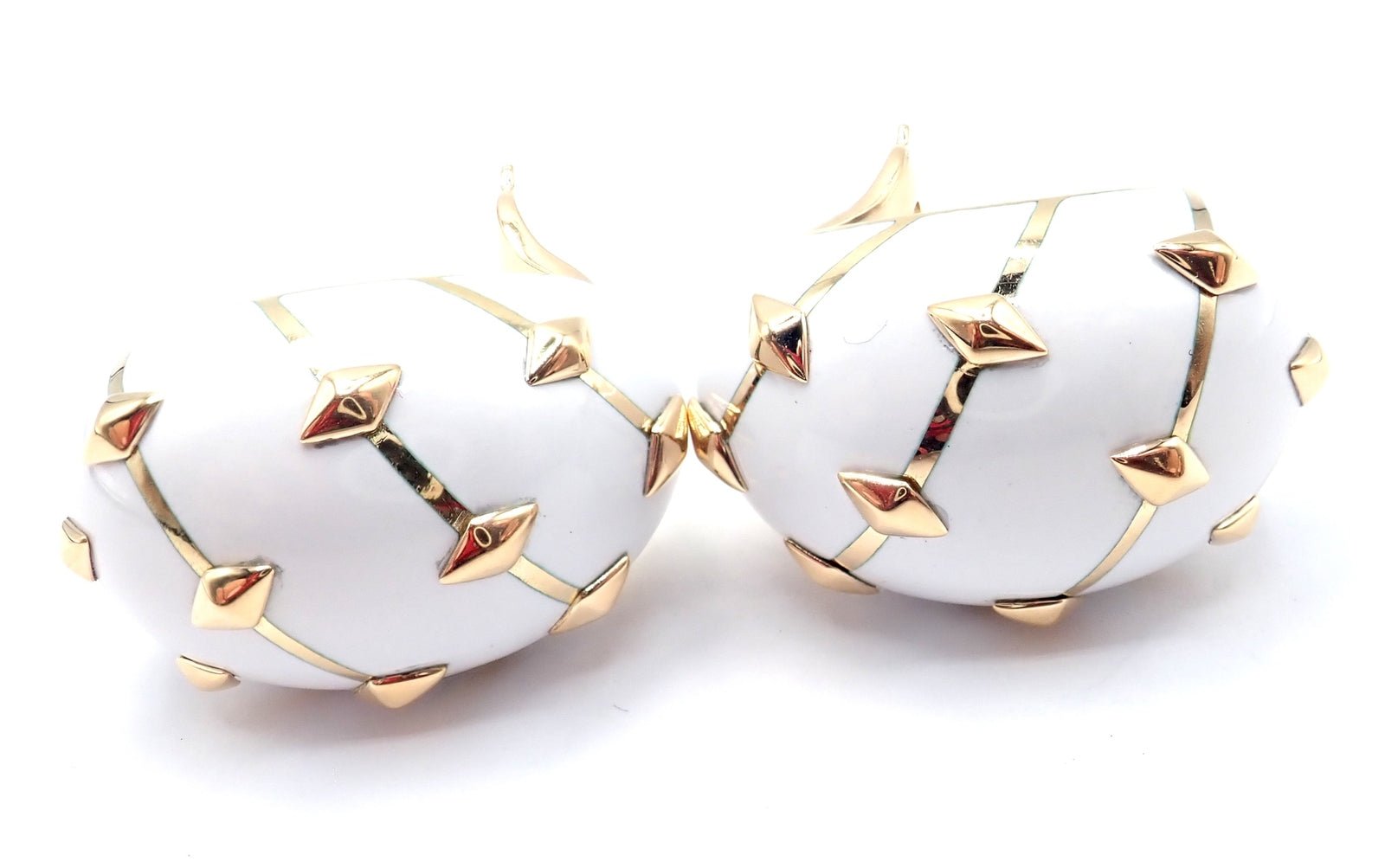 Tiffany & Co Schlumberger Dot Losange 18k Yellow Gold White Enamel Hoop Earrings | Luxury Designer Jewelry for Women | Perfect for Parties, Weddings & Special Occasions