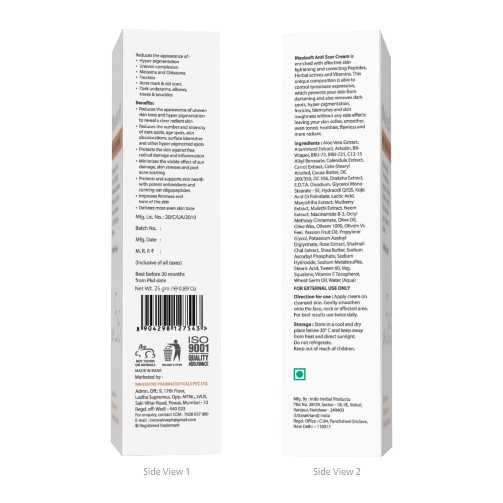 Maxisoft Anti Scar Cream for Acne & Pimple Removal - Dark Spot Corrector, Pigmentation & Blemish Treatment - pH Balanced Facial Cream (25g) - Perfect for Post-Acne Care & Daily Skin Brightening