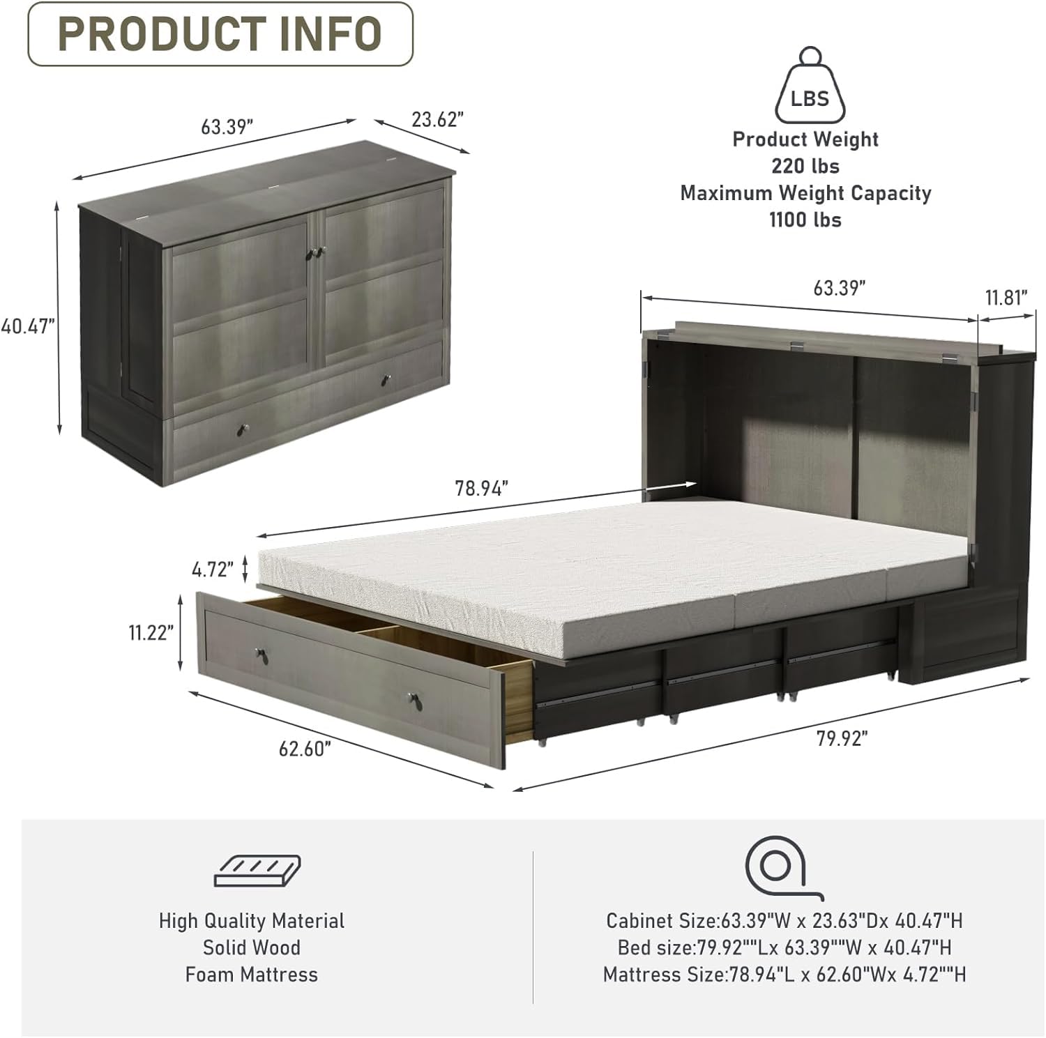 Queen Size Murphy Bed with Tri-Folding Mattress - Solid Pine Wood Wall Bed with Storage Drawer & USB Charging Port | Space-Saving Cabinet Bed for Small Apartments, Guest Rooms & Studio Living Spaces (Grey)