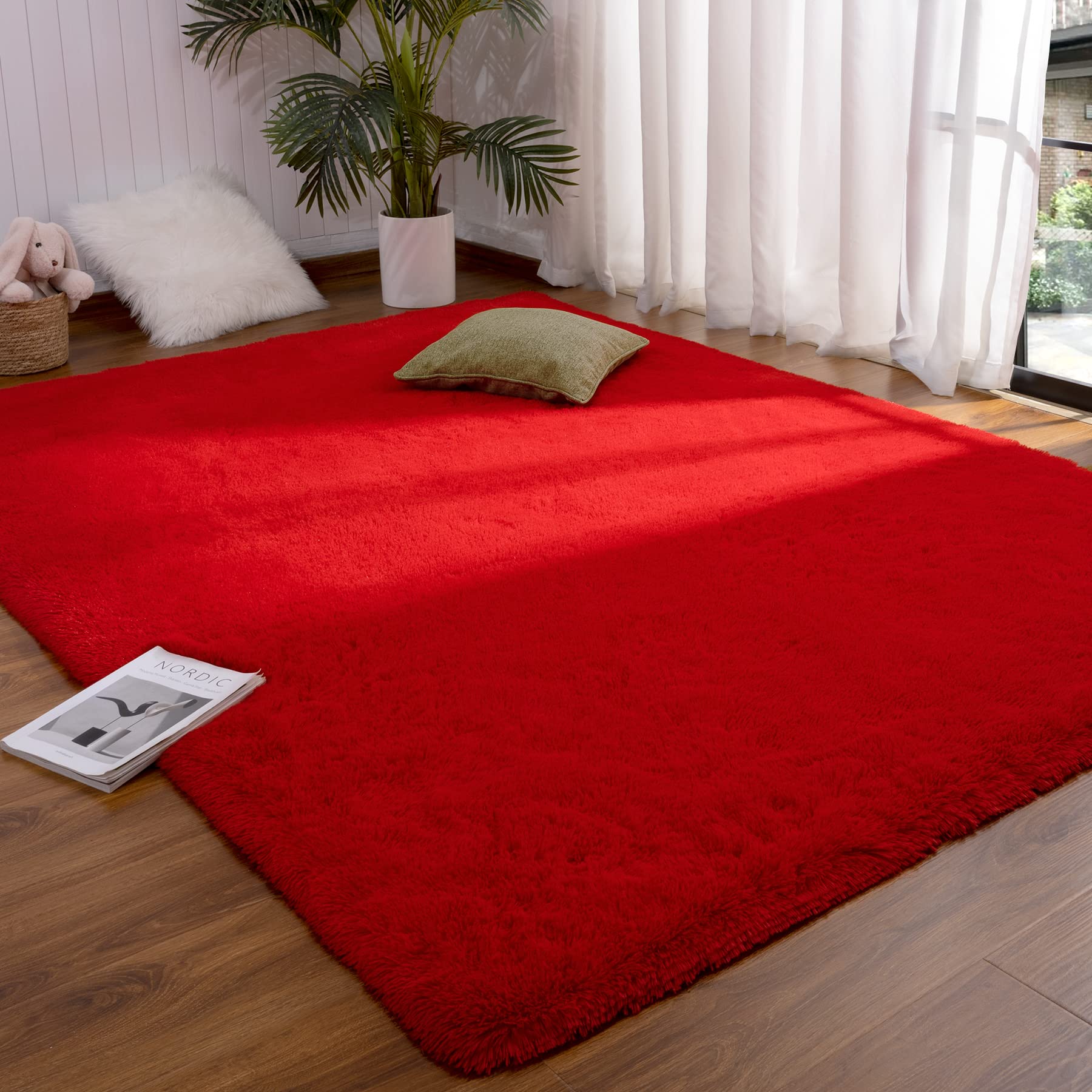 Soft Fluffy Red Shaggy Area Rug 4x6 Feet - Non-Slip Washable Carpet for Bedroom, Living Room, Kids Room, Nursery, Office & Dorm Decor | Cozy Home Accent for Comfort & Style