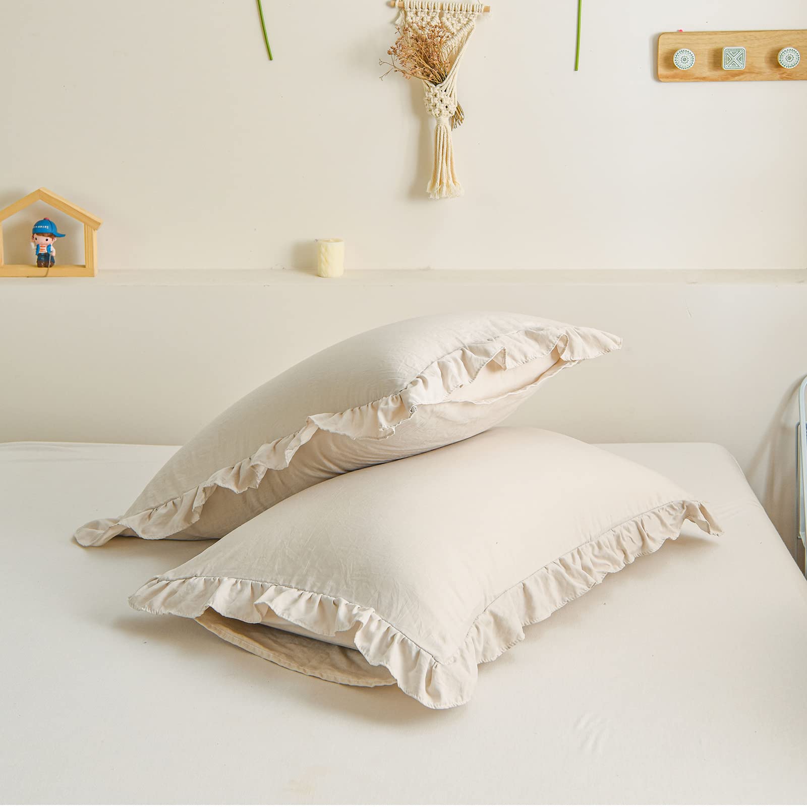 Beige & Grey Ruffled Pillow Shams Set of 2 - Standard/Queen Size (20''x30'') - Shabby Chic Decorative Pillowcases for Bedroom, Living Room & Home Decor