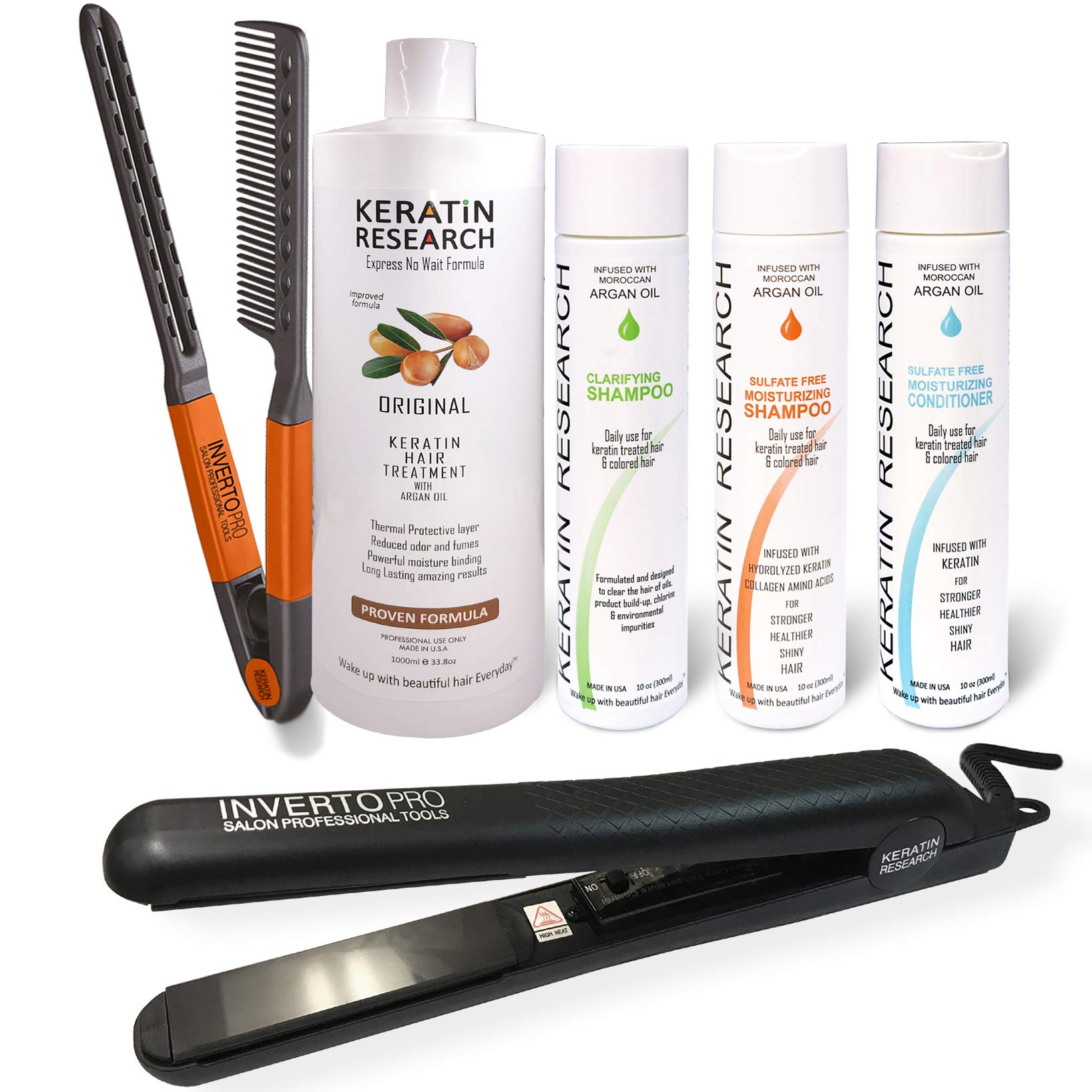 Brazilian Keratin Hair Treatment Kit - 4 x 1000ml Bottles with Easy Comb & INVERTO Pro 1