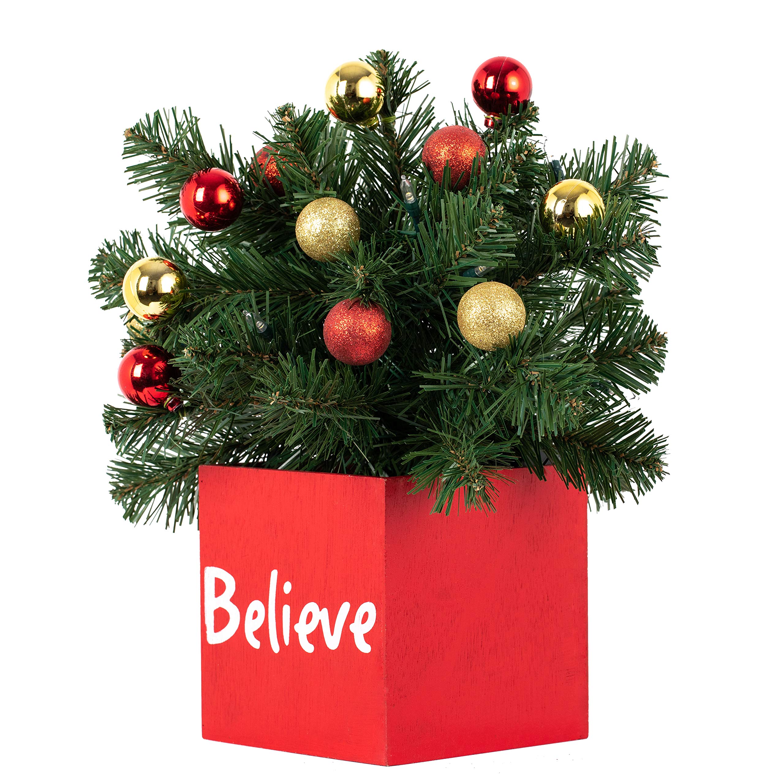 Haute Decor LED Pre-lit Believe Classic Greenery Christmas Tabletop Decor with Built-in Timer - 13 Inch Square Holiday Centerpiece for Dining Table, Mantel, and Festive Home Decor