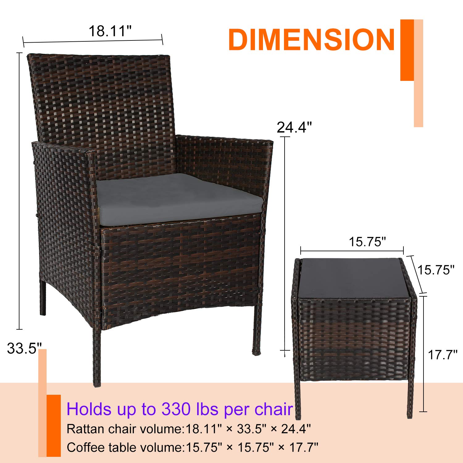 3-Piece Modern Outdoor Patio Furniture Set - Wicker Bistro Table & Chairs for Garden, Porch, Backyard (Brown/Grey) - Perfect for Relaxing, Dining & Entertaining Guests