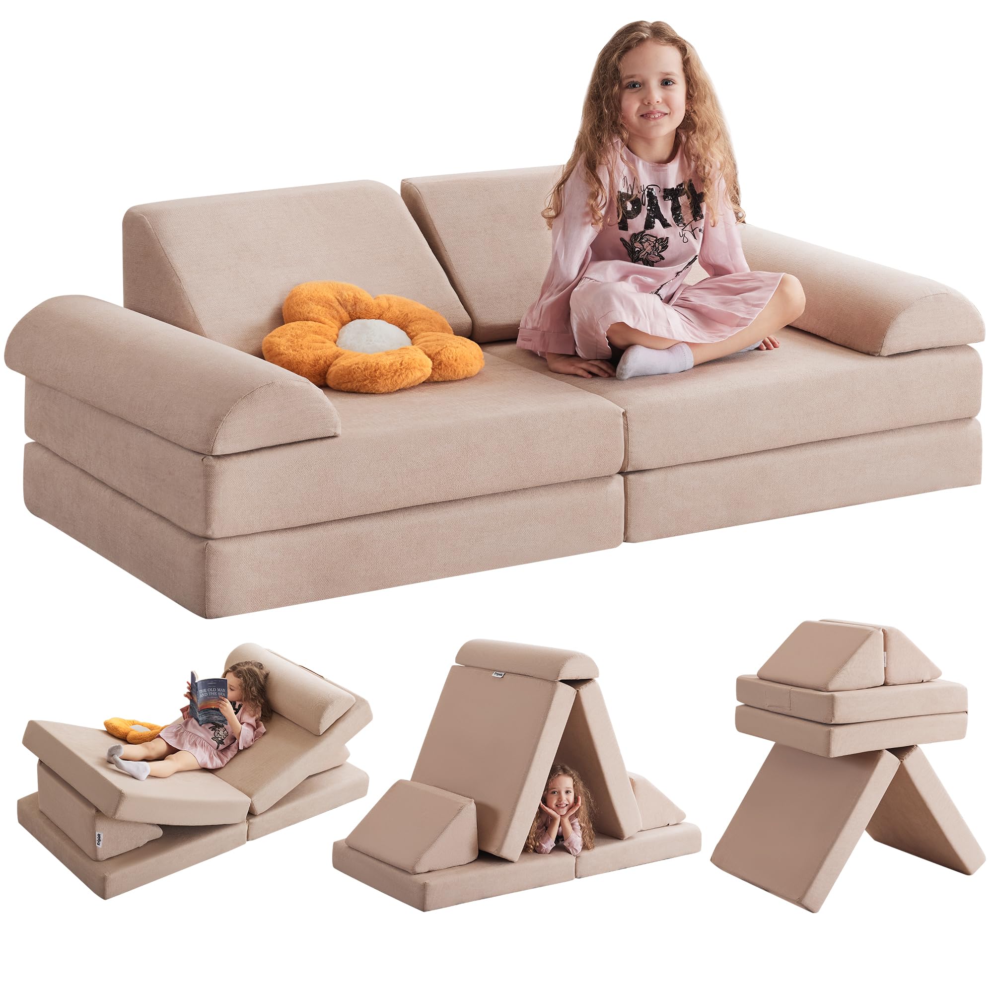 2024 Kids Play Couch - Large Modular Foam Sofa for Toddlers & Children | Soft Floor Couch with Convertible Design | Perfect for Playroom, Nursery & Indoor Playhouse Fun | Durable Miss Fabric Play Equipment for Boys & Girls