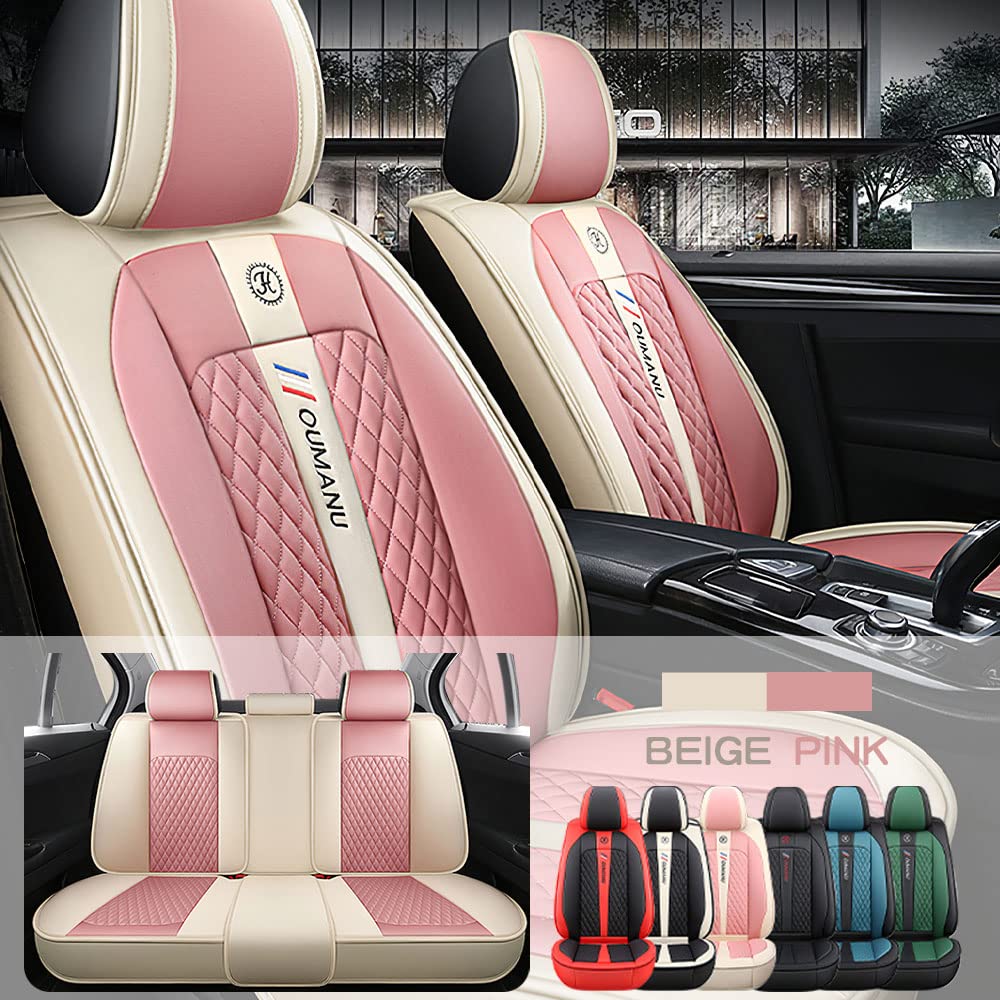 Waterproof Faux Leather Car Seat Covers for Honda Accord 1987-2022 - 5-Piece Full Set (Beige/Pink) - Front & Rear Seat Protectors - Perfect for Daily Commuting, Road Trips & Pet Protection