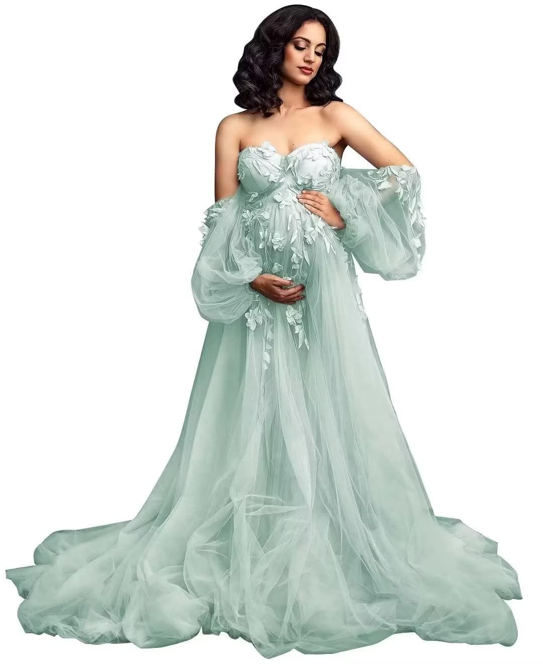 Guramisi Lace Appliques Tulle Maternity Dresses for Photoshoot - Sweetheart Neckline Pregnancy Gown for Maternity Photography, Baby Shower & Special Occasions