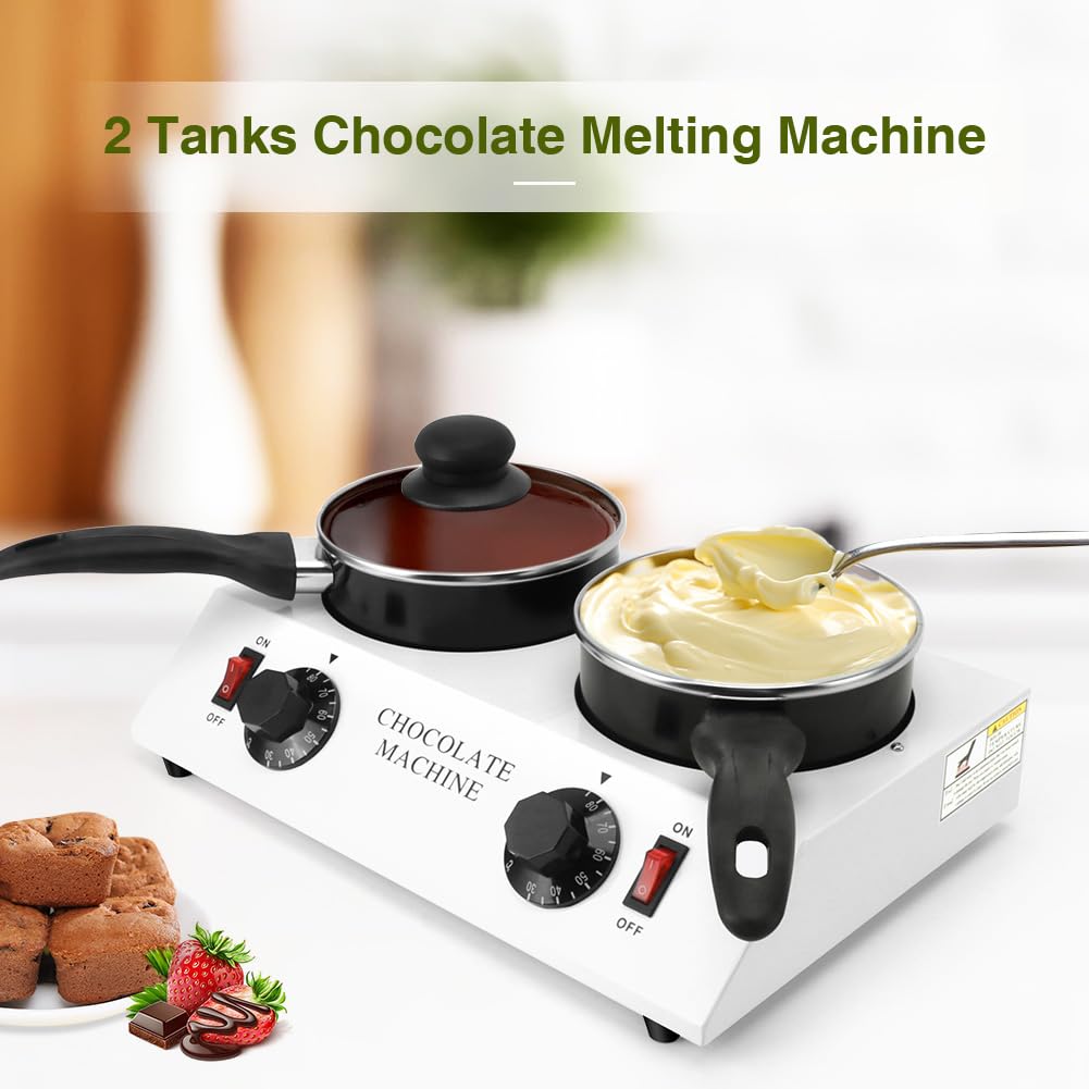 110V Double Pots Chocolate Melting Machine - 80W Electric Tempering Pot for Melting Chocolate, Butter, Candy & Cheese - Perfect for Bakeries, Candy Shops & Home Dessert Making
