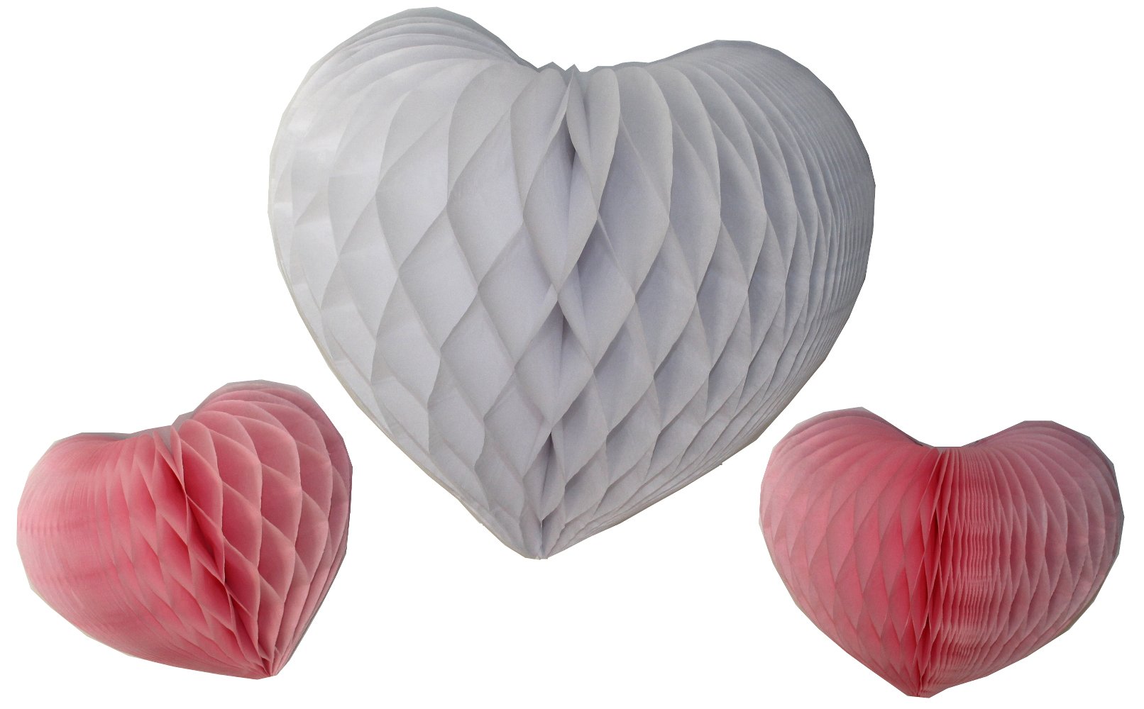 3-Pack Honeycomb Tissue Paper Heart Decorations for Valentine's Day - White & Pink | DIY Party Decor, Home Decoration, Wedding Centerpieces, Romantic Gift Wrapping