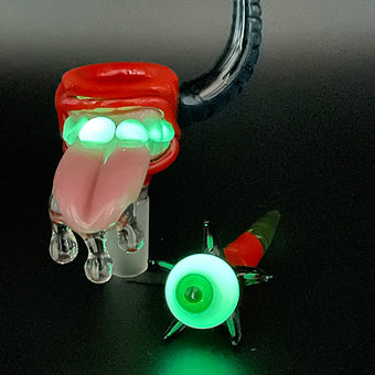 14mm Red Blacklight Reactive Glass Slide Set with Tongue & Horn - Perfect for UV Parties, Raves & Unique Smoking Accessories