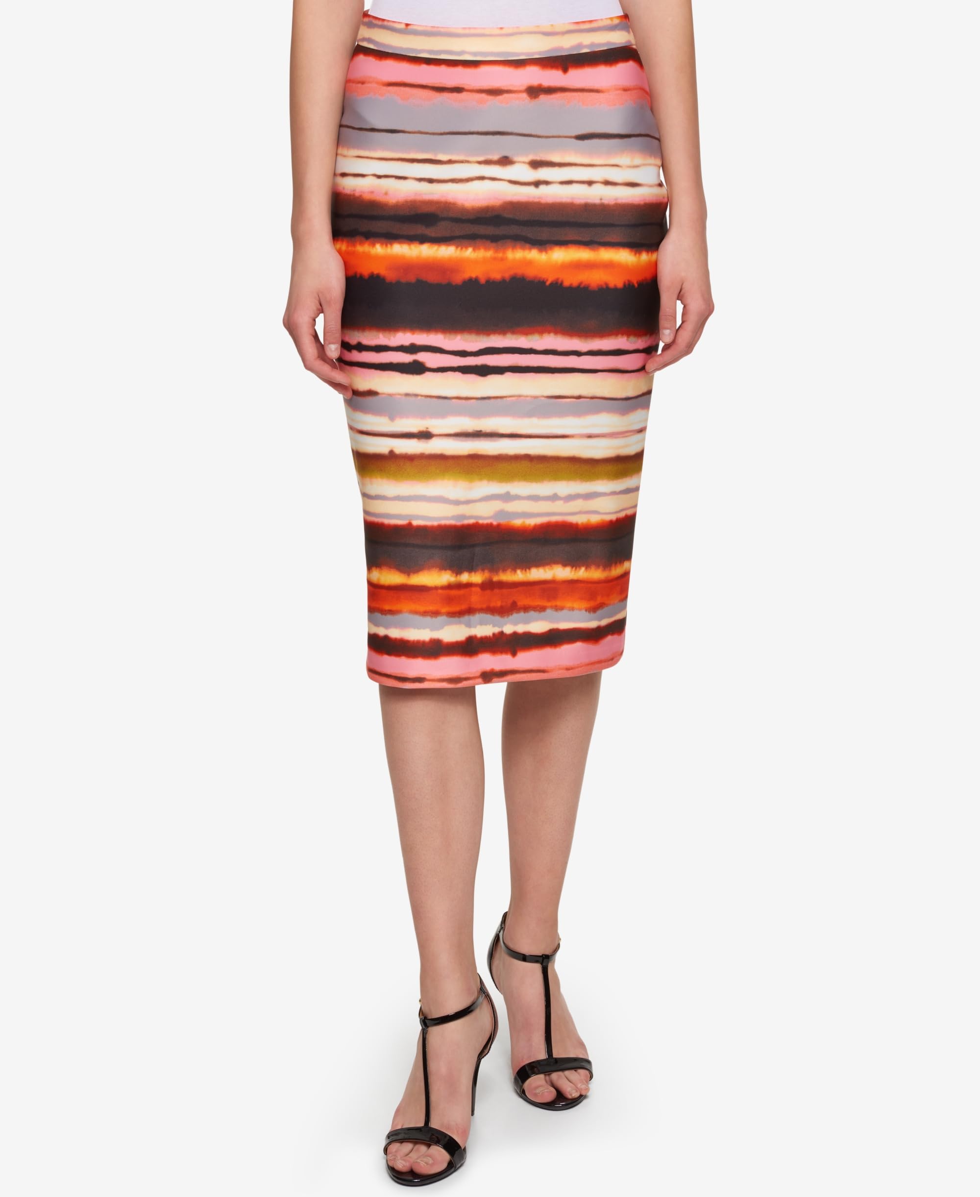 Tommy Hilfiger Women's Sunset Stripe Pencil Skirt - Red Multi Color, Slim Fit, Stretch Fabric for Office Wear & Cocktail Parties