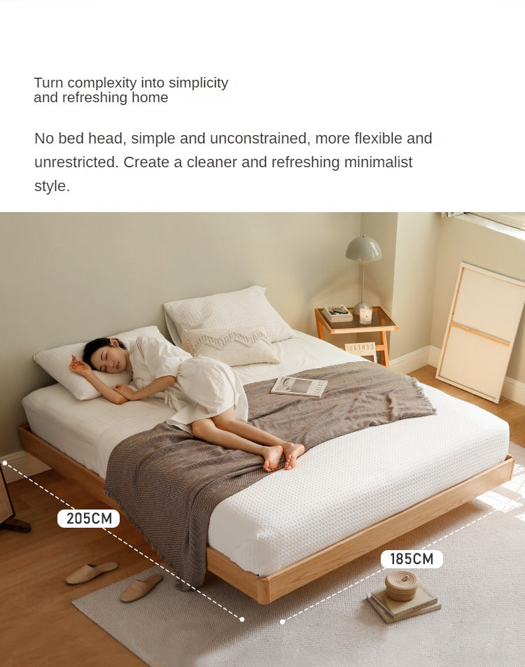 Solid Oak Wood Floating Platform Bed - No Headboard Modern Minimalist Bed Frame with LED Lights for Bedroom, Guest Room, or Studio Apartment