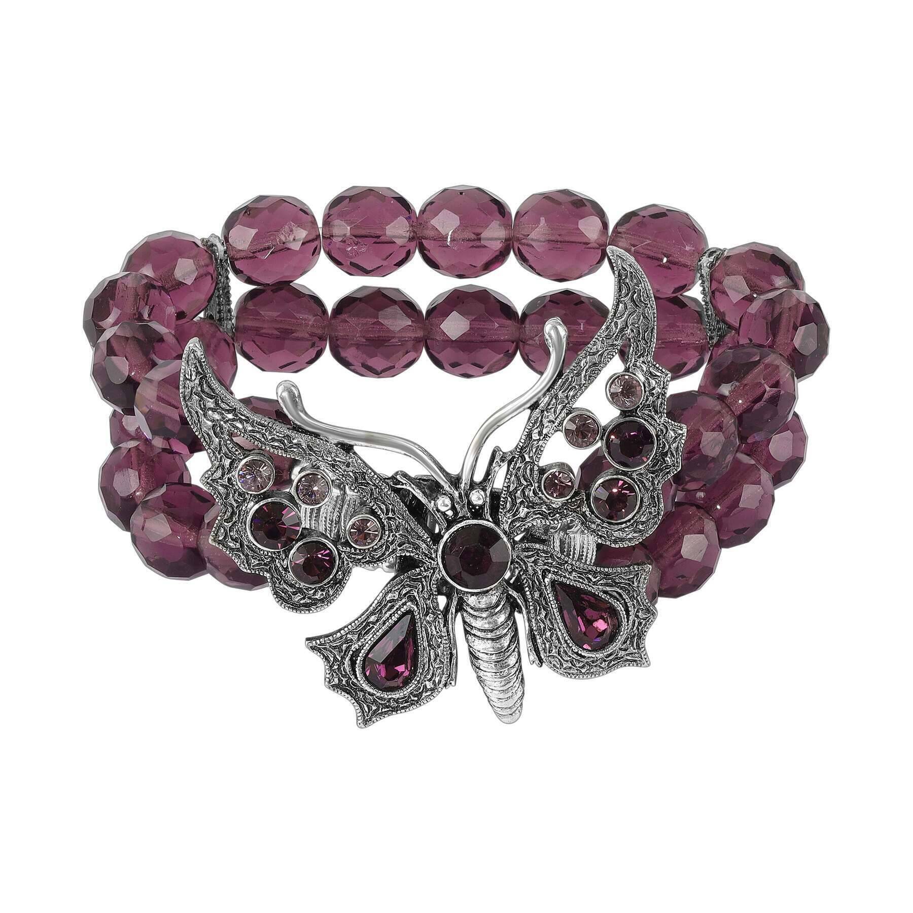 1928 Jewelry Butterfly Amethyst Crystal Fire Polished Beaded Stretch Bracelet for Women - Elegant Adjustable Fashion Bracelet for Party, Wedding & Everyday Wear