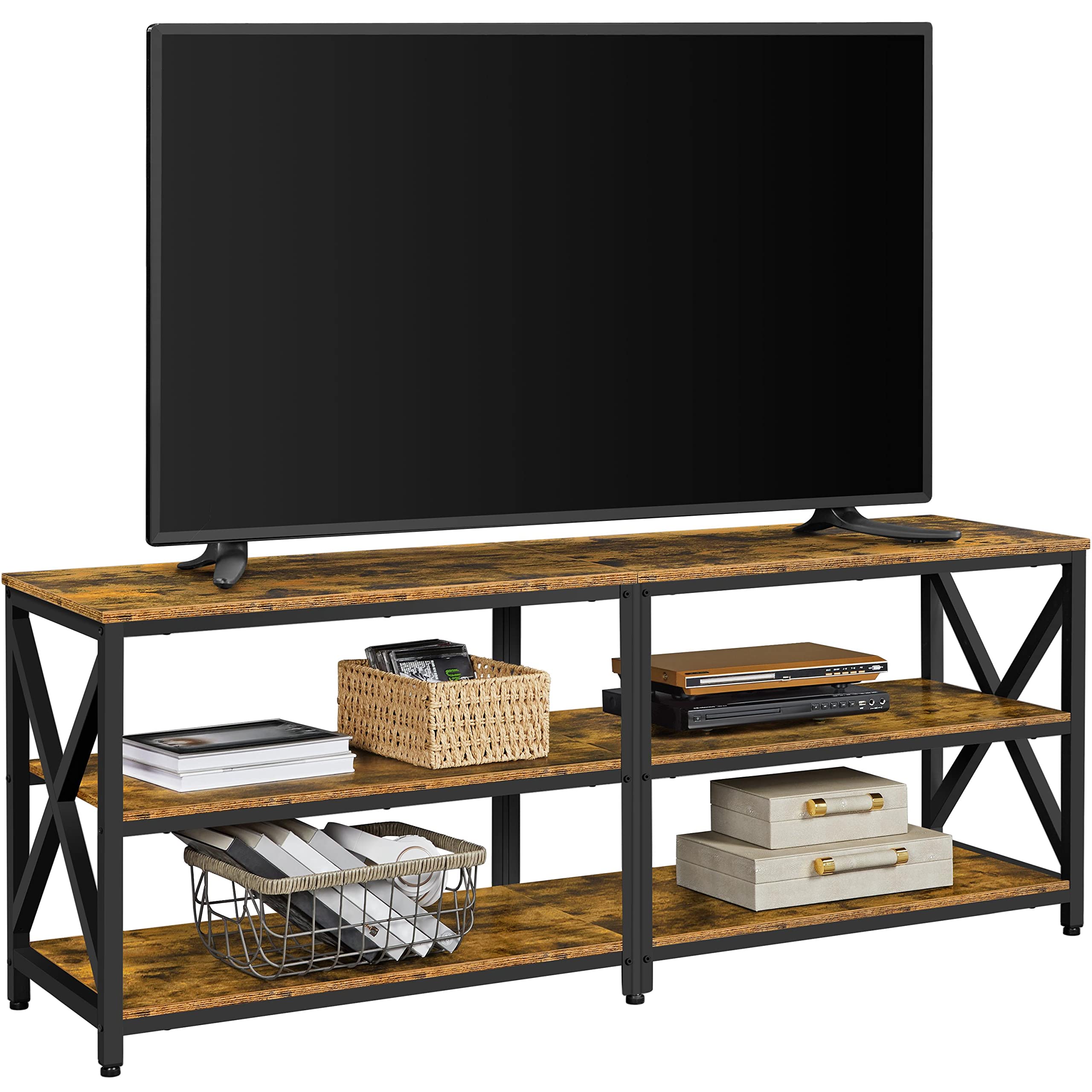 Topeakmart Vintage TV Stand for 70 Inch TV - 63 Inch Rustic Brown TV Console with Storage Shelves, Metal Frame & Adjustable Feet - Entertainment Center for Living Room | Perfect for Home Theater Setup & Modern Living Spaces