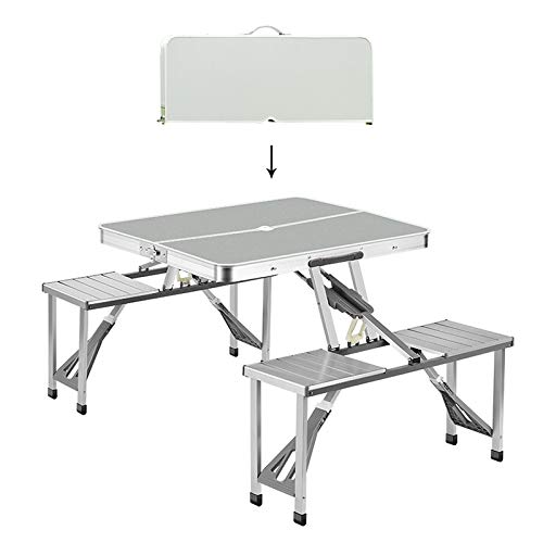 Portable Folding Table with Stools - Aluminum Alloy Camping Table Set for Outdoor, RV, Picnic, Beach, Patio & Backyard - Includes Handle & Umbrella Hole - Perfect for Travel, Parties & Dining Al Fresco