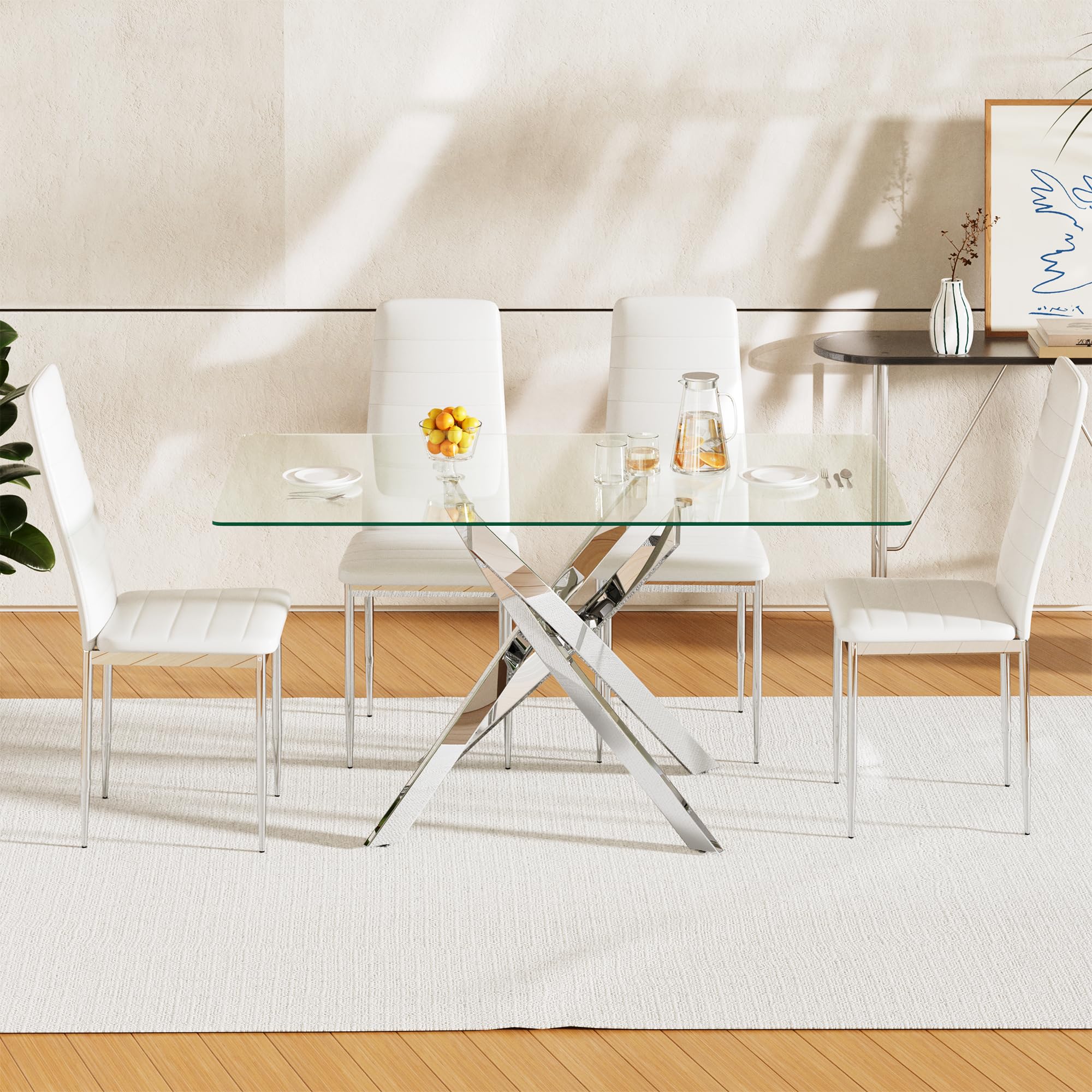 Modern 5-Piece Glass Dining Table Set for 4 - Rectangular Kitchen Table with 4 Chairs - Perfect for Small Spaces, Apartments & Cozy Dining Rooms - Ideal for Family Meals, Entertaining Guests & Everyday Use