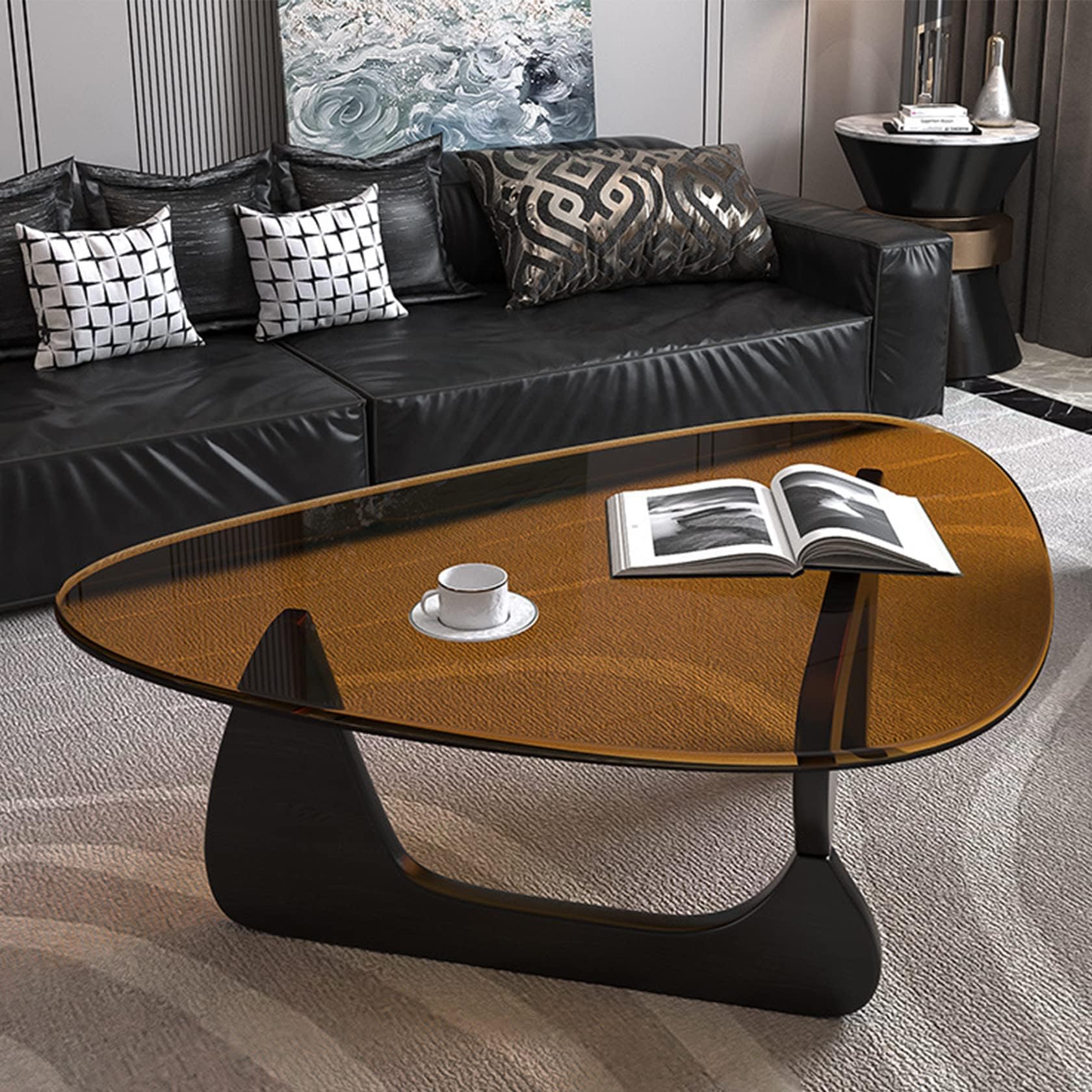 Modern Small Oval Glass Coffee Table with Solid Wood Base - Mid Century Vintage Minimalist Design for Living Room, Black Triangle Clear Glass Top Center Table - Perfect for Lounge, Apartment & Office Decor