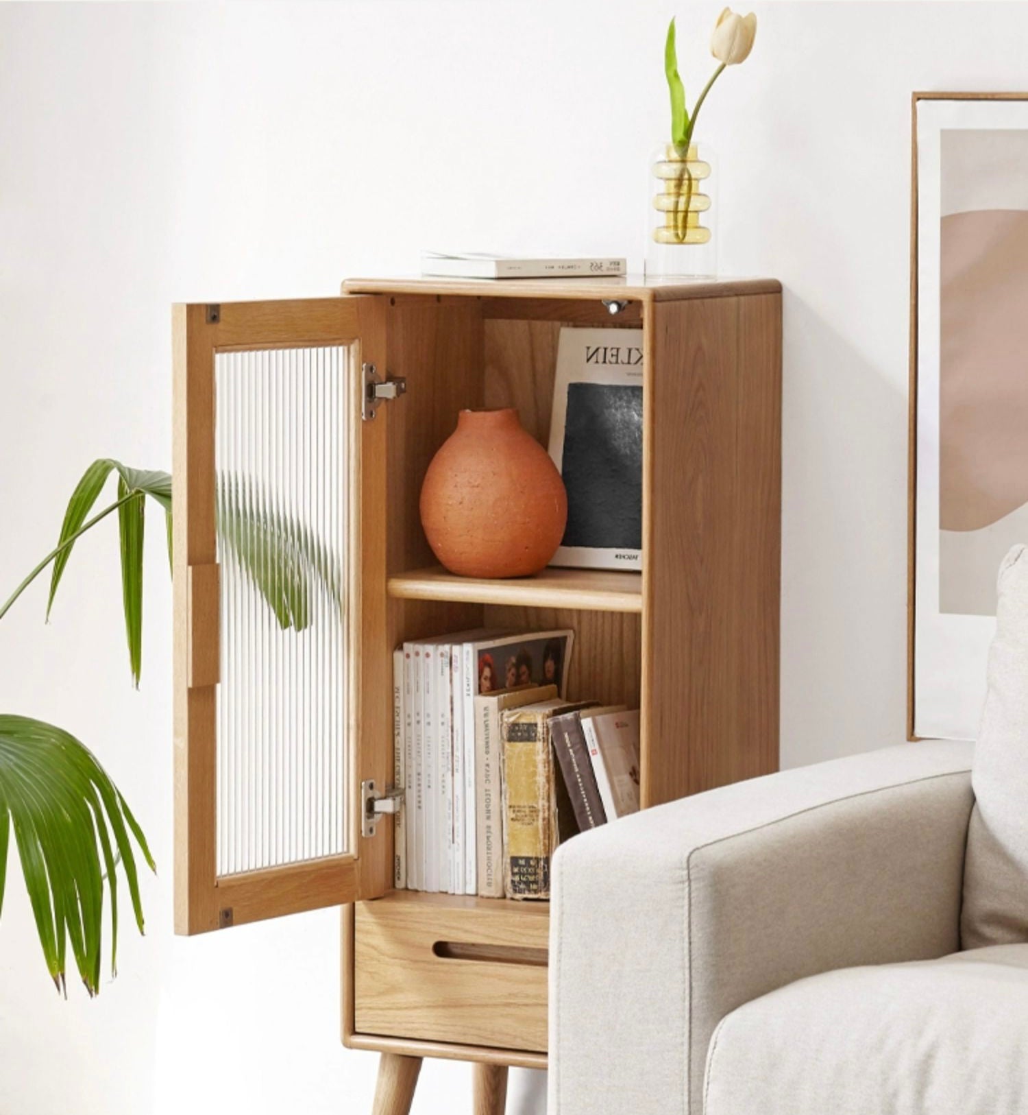 Solid Oak Wood TV Stand with Glass Doors - Stylish High Side Cabinet for Living Room, Bedroom, or Home Theater Storage