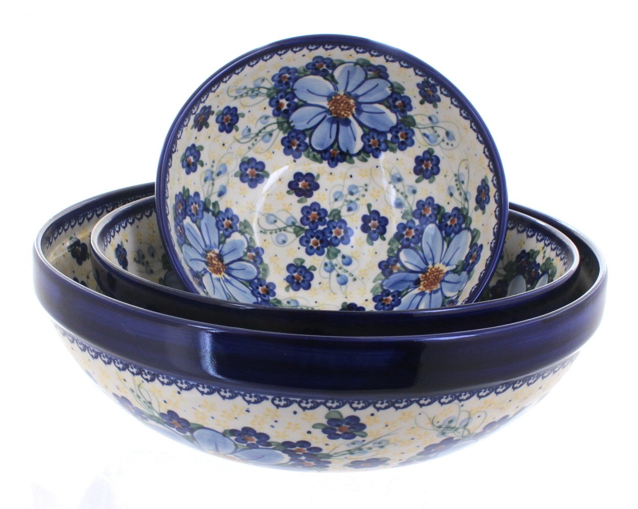 Blue Rose Polish Pottery Daisy Surprise 3-Piece Serving Bowl Set - Elegant Handmade Ceramic Bowls for Soup, Salad, Pasta & Dessert - Perfect for Dinner Parties, Holidays & Home Decor