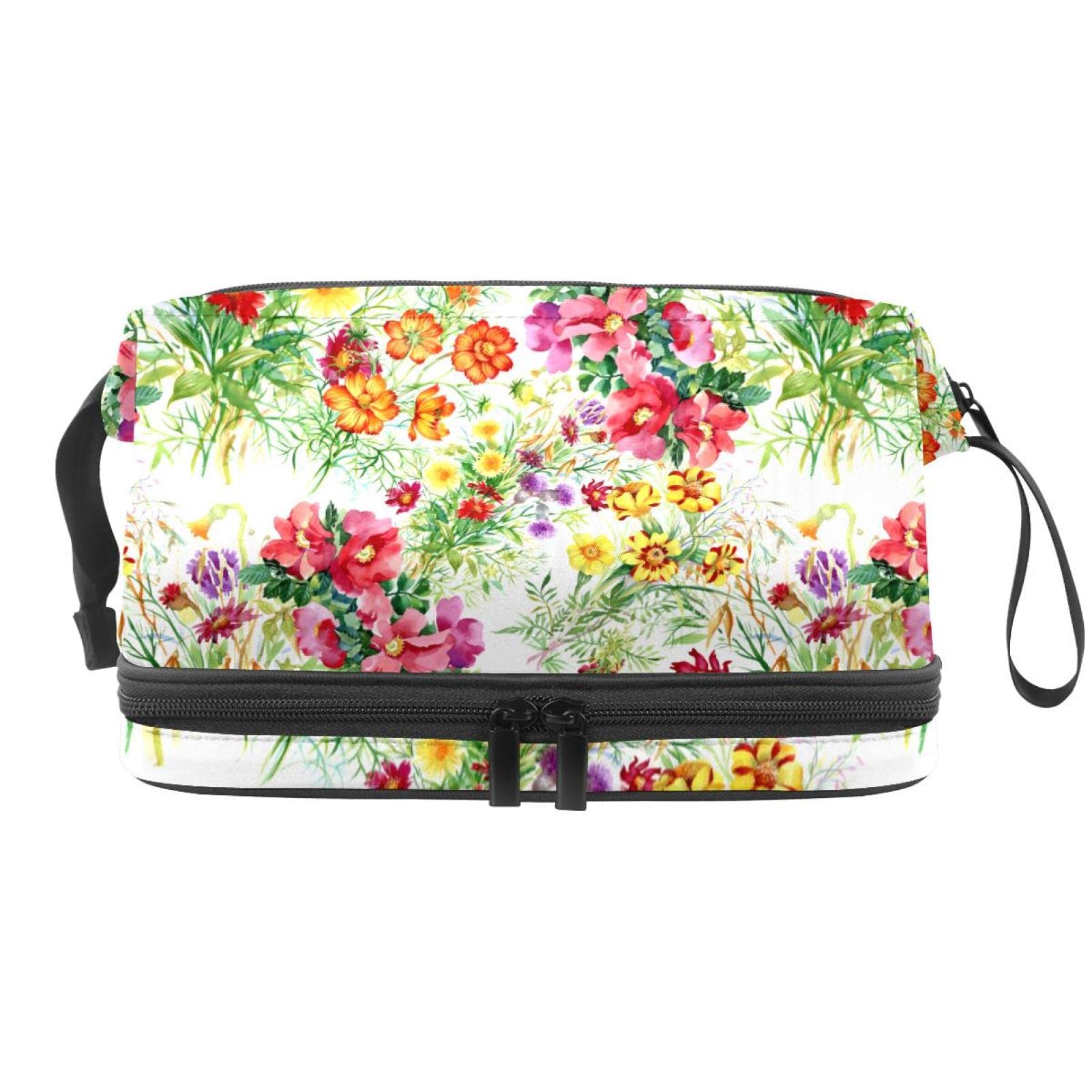 Double Layer Spring Flowers Makeup Bag - Roomy Cosmetic Organizer for Women & Girls | Travel Toiletry Pouch with Zipper | Perfect for Vacation, Gym & Daily Essentials Storage