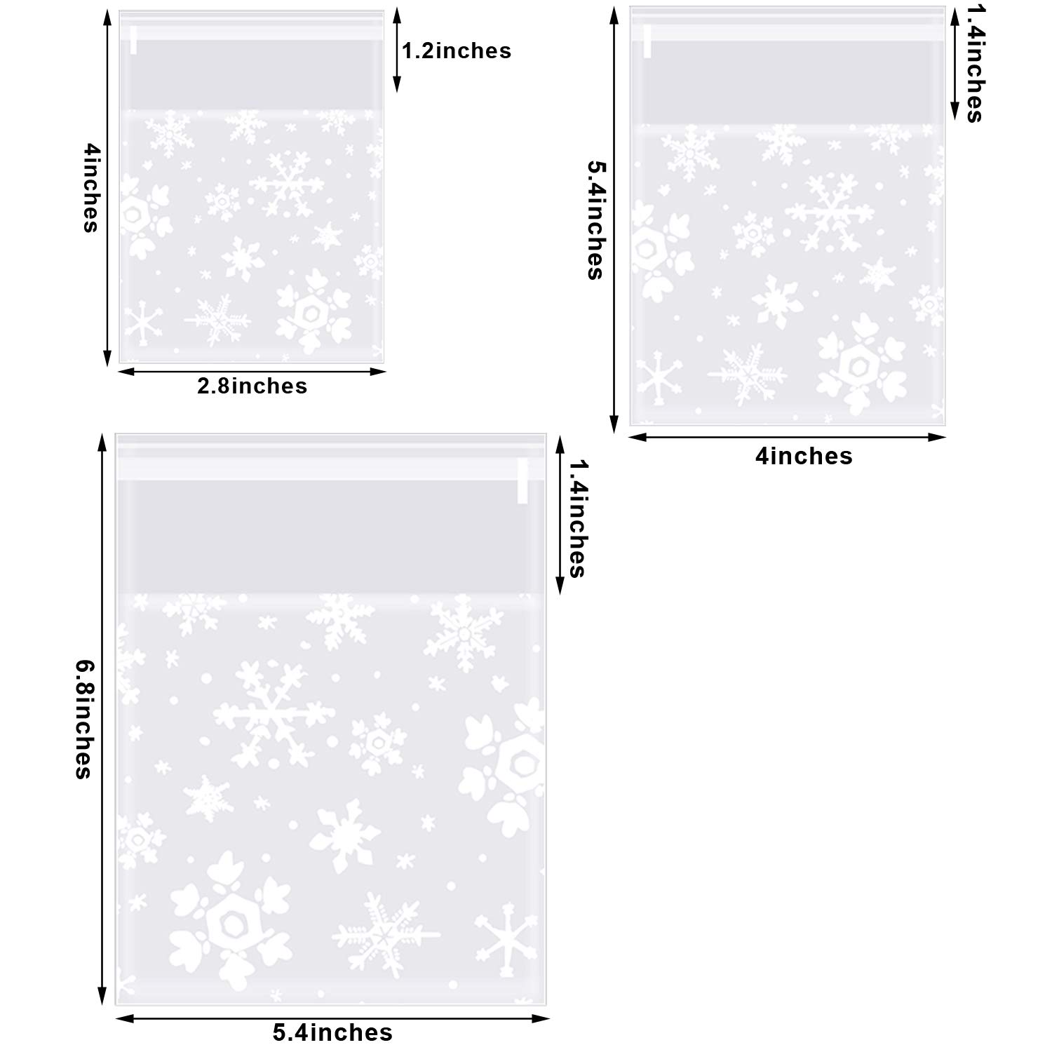 300-Piece Christmas Cellophane Treat Bags - Self-Adhesive Clear Cookie Bags with Snowflake Design for Homemade Snacks, Desserts & Crafts - 3 Sizes (Small, Medium, Large) - Perfect for Holiday Baking, Party Favors & Gift Wrapping