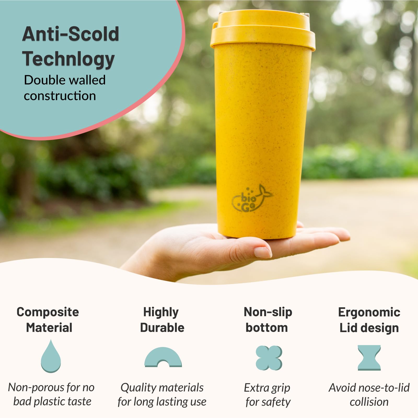 bioGo 16oz Butterscotch Yellow Insulated Travel Coffee Mug - Reusable Stainless Steel Tumbler with Leak-Proof Lid - Microwave & Dishwasher Safe - Perfect for Commuting, Office & Outdoor Adventures