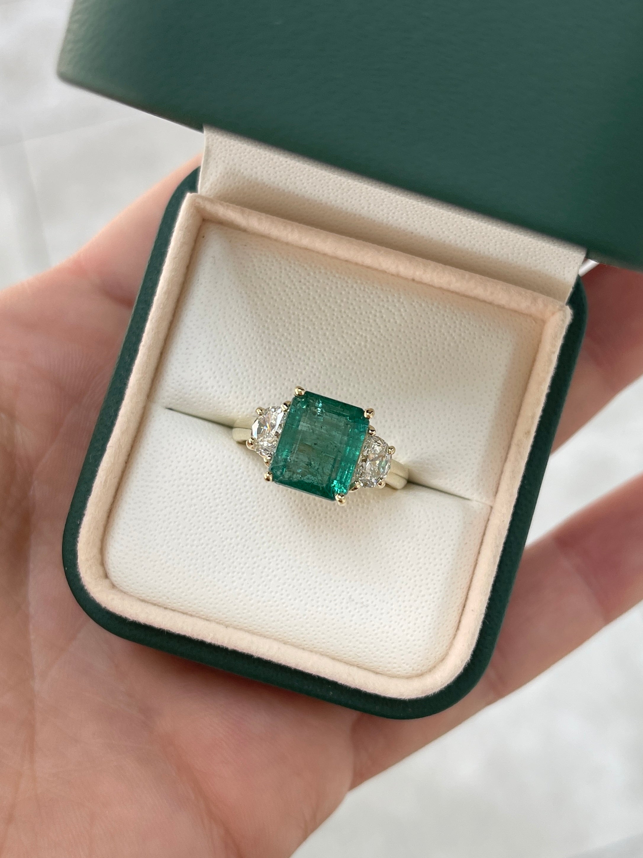 4.88tcw Natural Emerald & Lab-Created Half Moon Diamond 14K Gold Three Stone Ring for Engagement, Wedding, Anniversary & Special Occasions