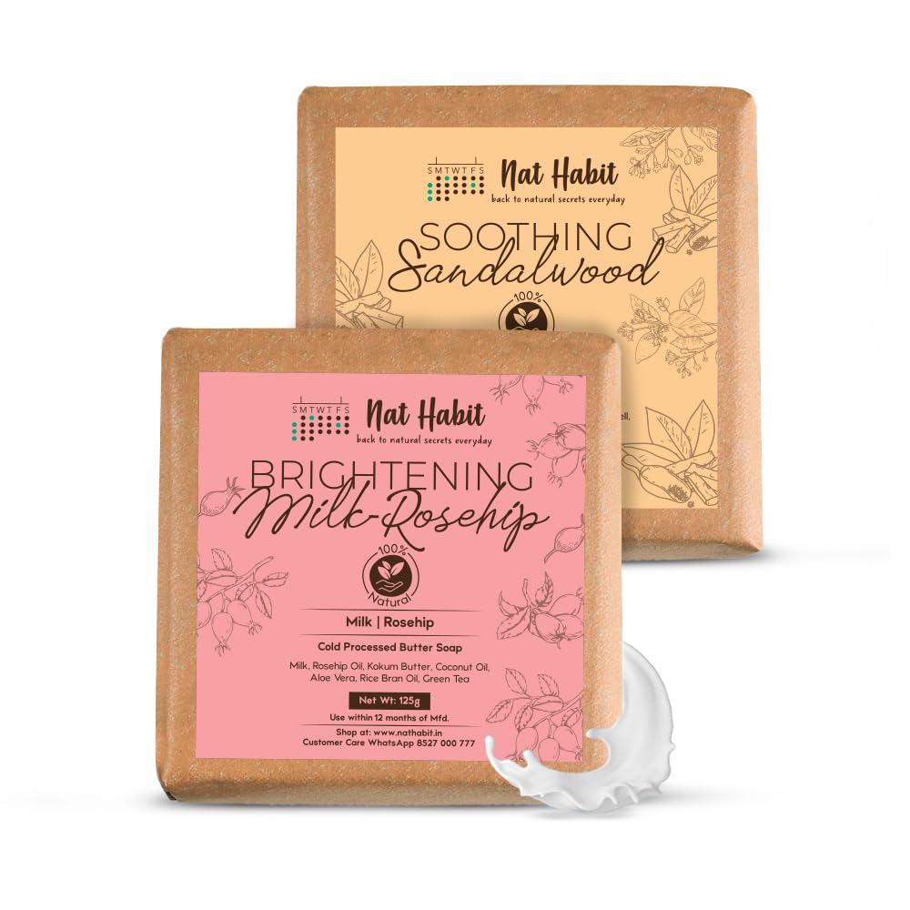 Nat Habit Brightening Milk & Rosehip & Soothing Sandalwood Bath Soap Combo - Enriched with Vitamin C, Handmade for Women & Men - Skin Exfoliation, Cleansing & Nourishing (125g) - Perfect for Daily Skincare & Relaxing Bath Time