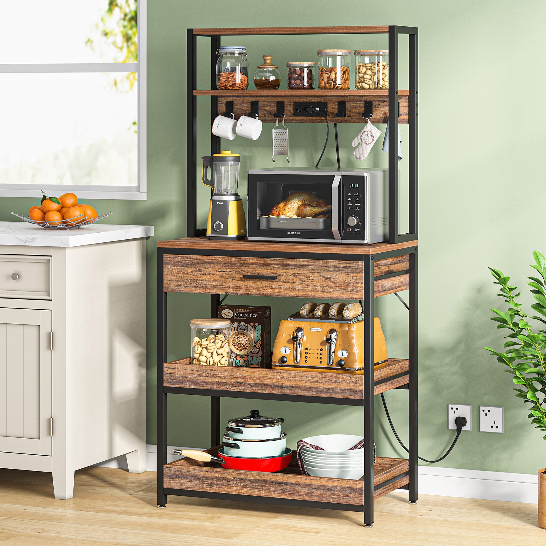 5-Tier Metal Kitchen Baker's Rack with Electrical Outlets, Storage Drawer & Adjustable Shelves - Perfect for Baking, Cooking, and Organizing Small Appliances in Home Kitchen