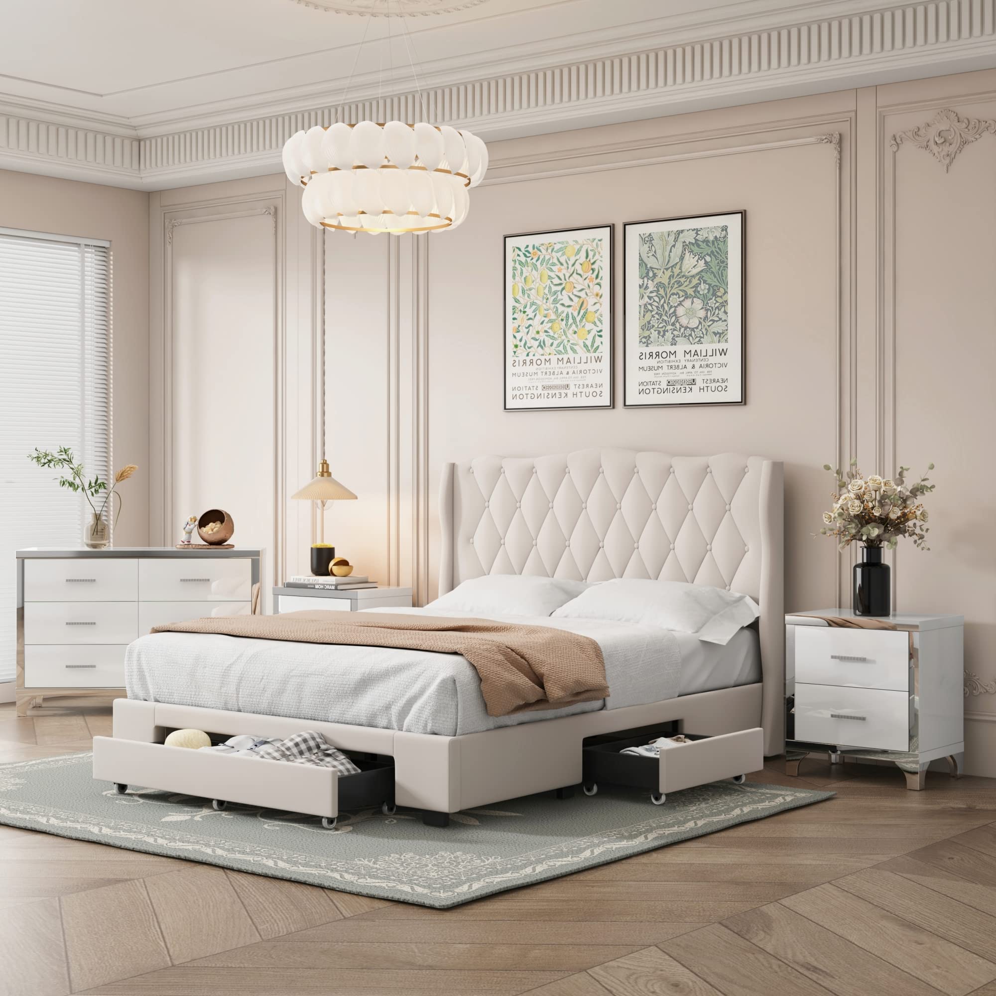 Flieks 4-Piece Queen Size Bedroom Set - Upholstered Bed with 3 Drawers, High Gloss Mirrored Nightstands & Dresser with Metal Handles - Beige Modern Bedroom Furniture for Master Bedroom or Guest Room