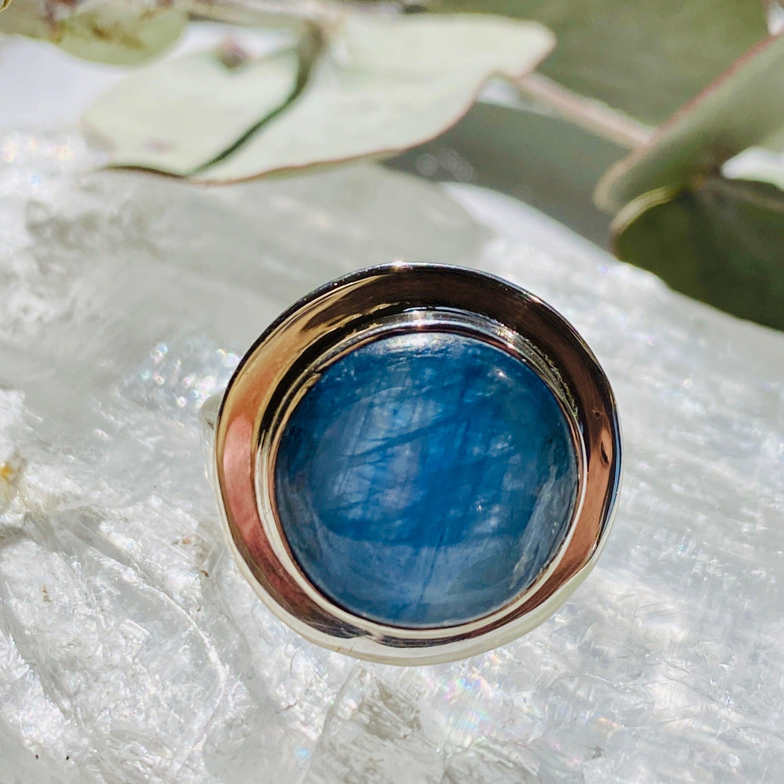 Natural Kyanite Round Cabochon Ring Size 8 - Handmade Sterling Silver Jewelry for Women, Perfect for Everyday Wear & Special Occasions