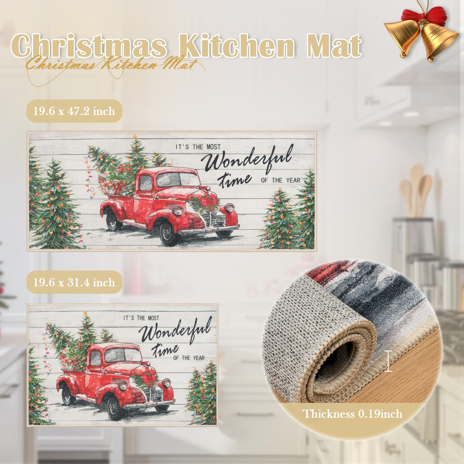 LEEVAN Christmas Kitchen Mat Set of 2 - Non-Slip Cushioned Holiday Rugs with Christmas Tree Truck Design, Washable Anti-Fatigue Floor Mats for Winter - Perfect for Kitchen, Entryway, and Holiday Decor