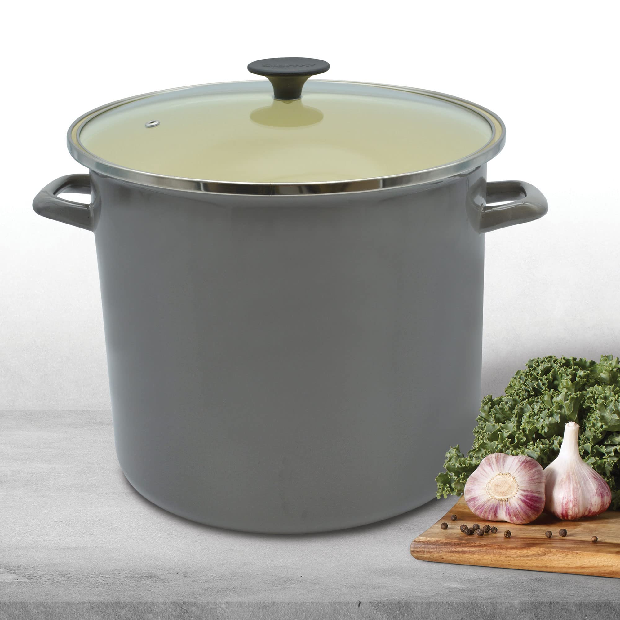 Premium 15L (16Qt) Carbon Steel Stockpot with Tempered Glass Lid - Enameled Exterior, Oven & Stove Safe - PFOA-Free, Easy-Clean Gray Dutch Oven for Soups, Stews & Family Cooking
