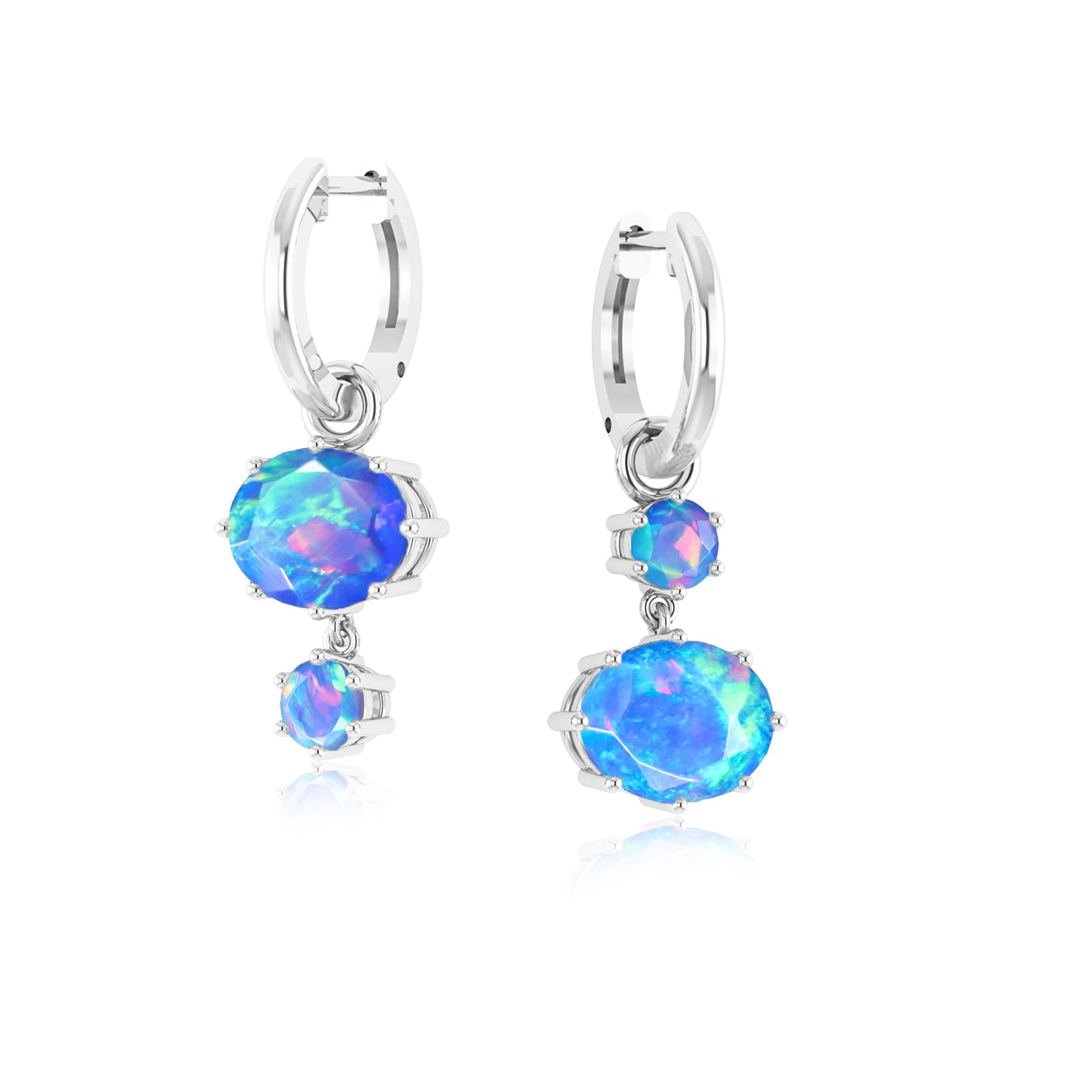 White Fire Opal Dual Round Stone Hoop Earrings for Women | Sterling Silver Dangle Jewelry | Perfect for Parties, Weddings & Everyday Wear