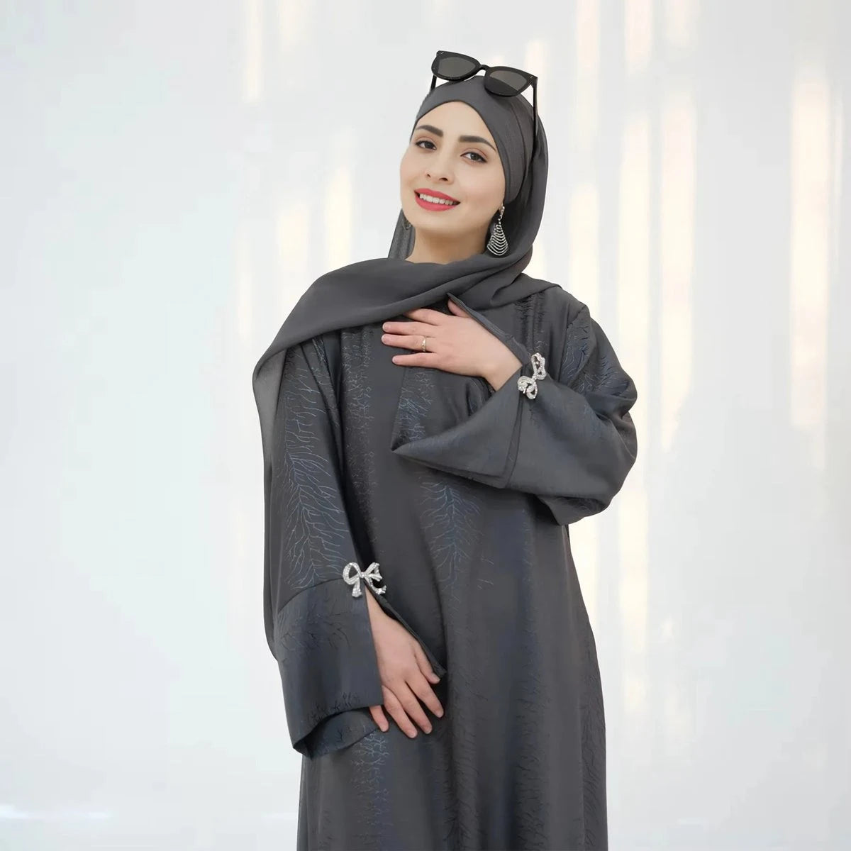 Elegant Jacquard Satin Bow Abaya Dress #25006 - Modest Muslim Women's Prayer Dress for Special Occasions & Daily Wear