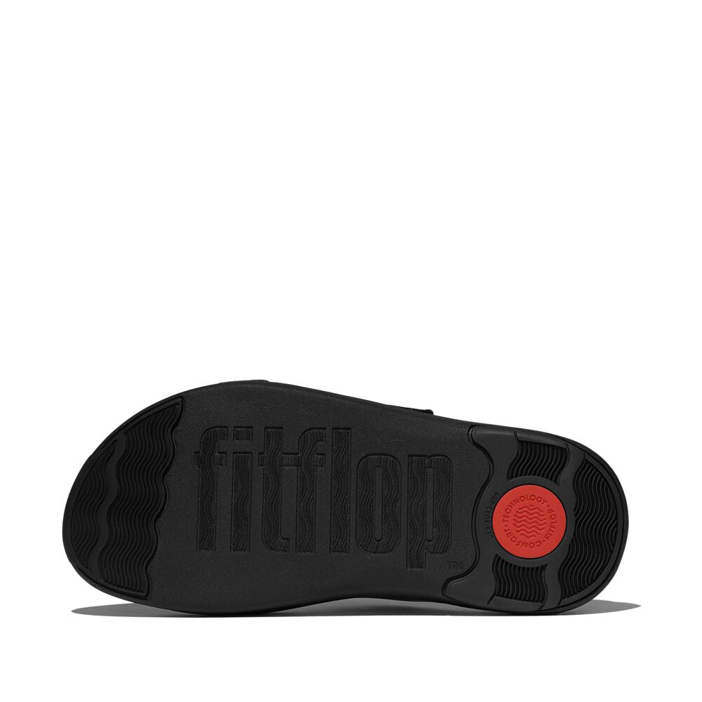 FitFlop Men's F-Mode Go Adjustable Two-Bar Slide Sandals - All Black | Comfortable & Supportive Footwear for Walking, Travel & Casual Wear