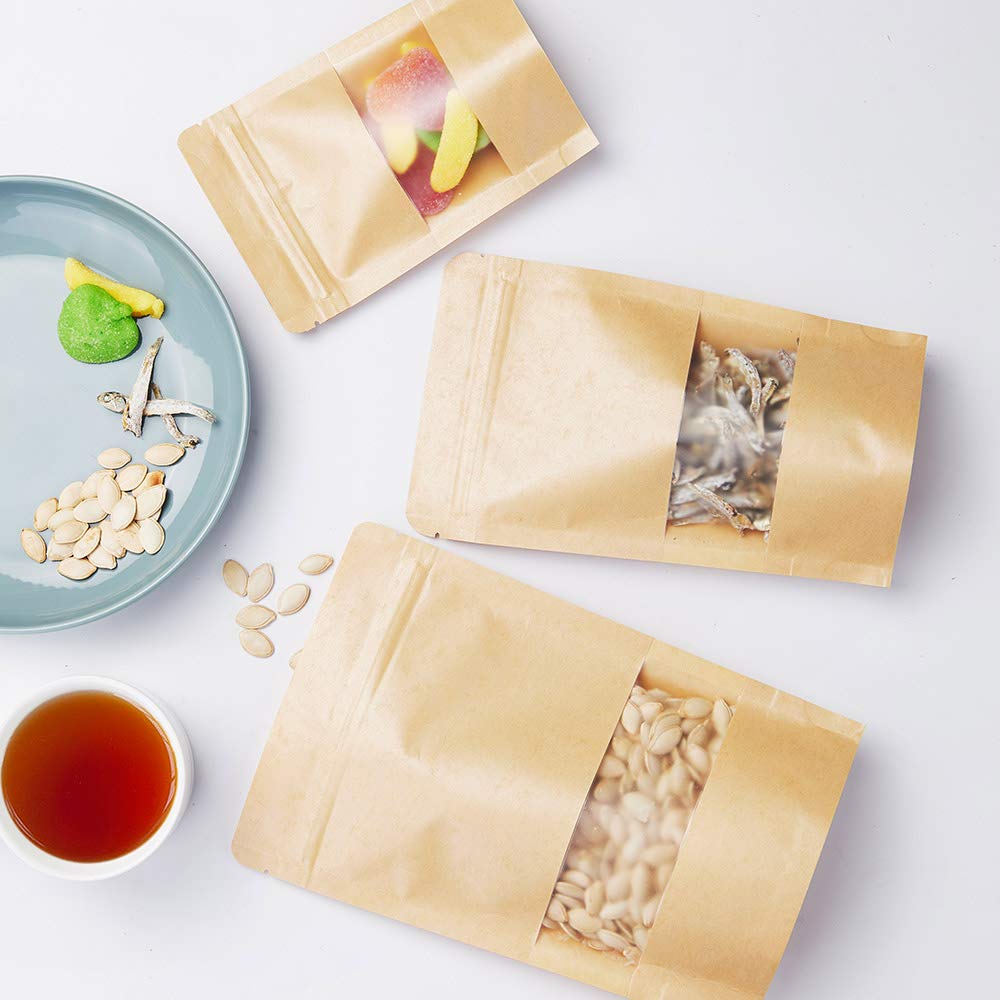 LZLPACKING 100 Pcs Brown Kraft Stand Up Pouches with Resealable Zipper & Window - 5.9×8.6 Inch Coffee Food Storage Bags for Home, Business, Snacks, Tea, Candy, Nuts & Dry Goods Packaging