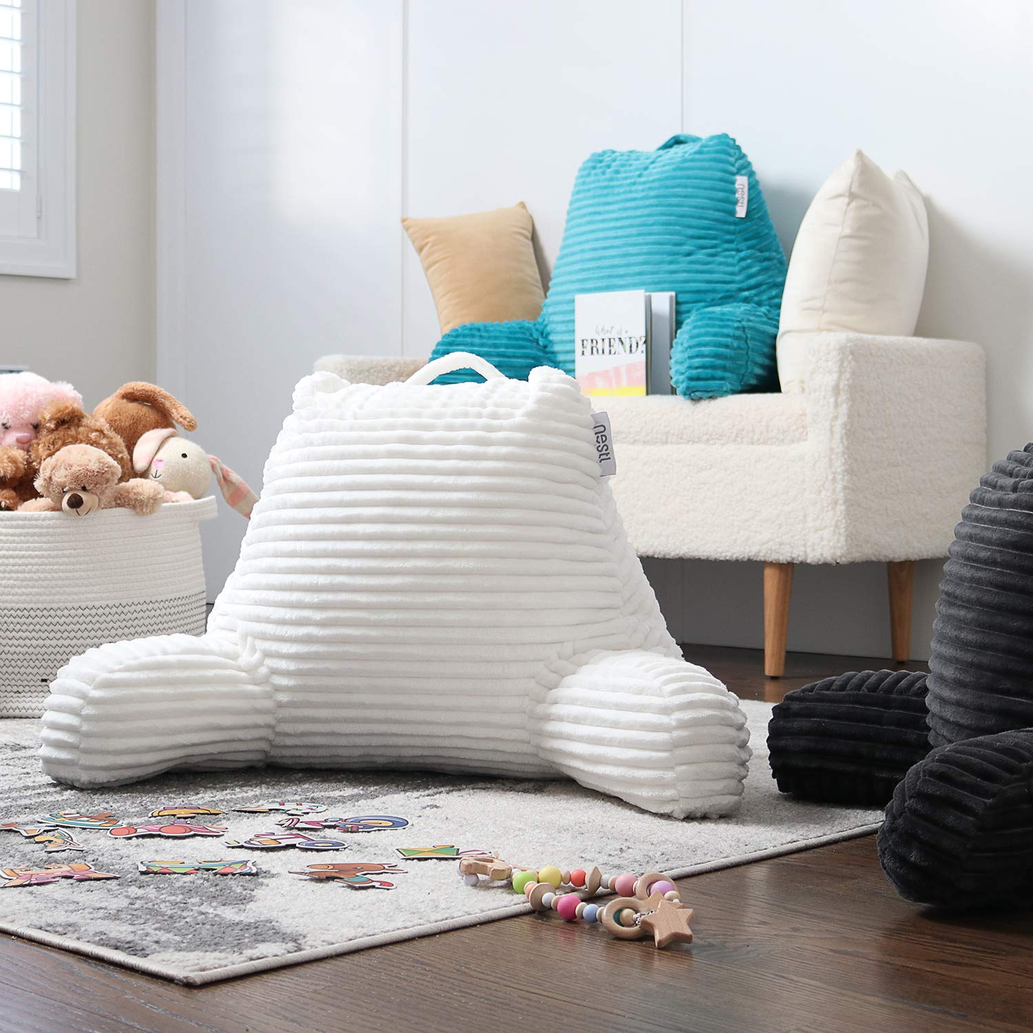 Nestl Reading Pillow for Adults - Plush Back Support Pillow with Shredded Memory Foam, Armrests & Storage Pockets - Perfect for Reading in Bed, Watching TV or Relaxing - White Bed Rest Pillow