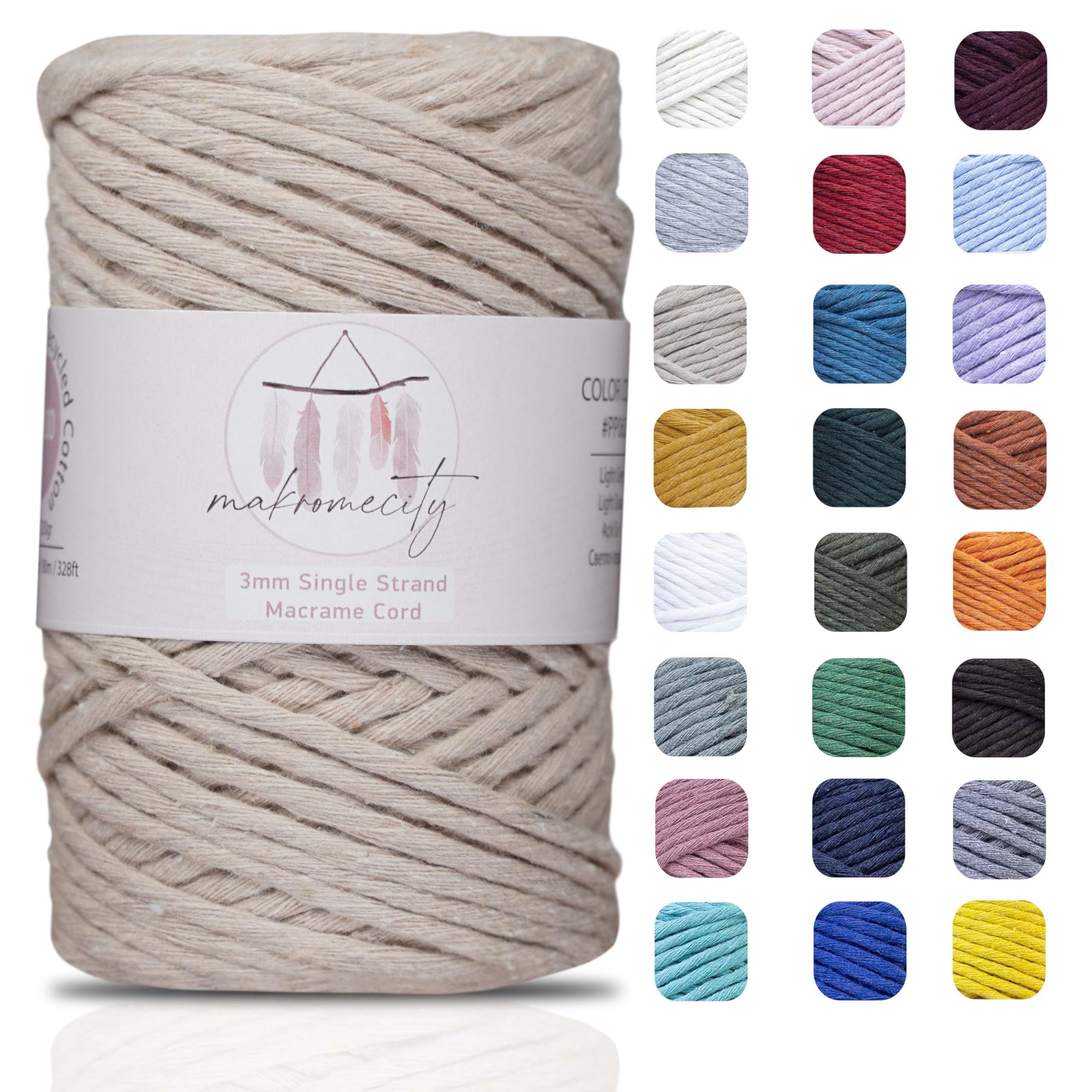 Makromecity 3mm Single Strand Macrame Cord - 100 Yards (300 Feet) Recycled Cotton Yarn for Wall Hangings, DIY Crafts & Home Decor - Perfect for Macrame Art, Jewelry Making & Boho Decor (Latte, 1 Skein)