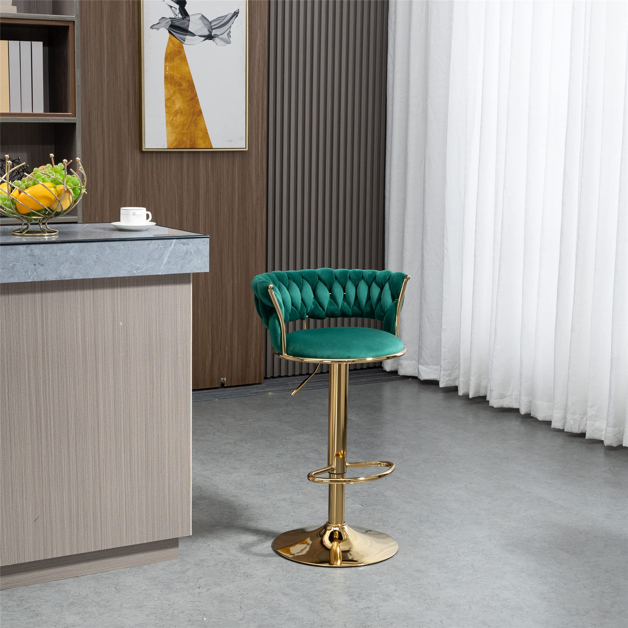 Modern Velvet Bar Stools with Gold Legs - Adjustable Counter Height Swivel Bar Chairs with Backrest & Footrest - 360° Rotation for Kitchen Island, Home Bar, Cafe & Office - Emerald Green Velvet Upholstery - Perfect for Dining, Entertaining & Workspaces