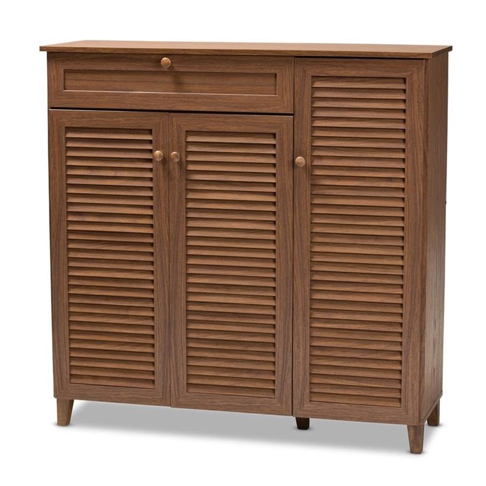 Baxton Studio Coolidge 11-Shelf Modern Shoe Storage Cabinet with Drawer - Walnut Finish Wooden Organizer for Entryway, Closet & Bedroom