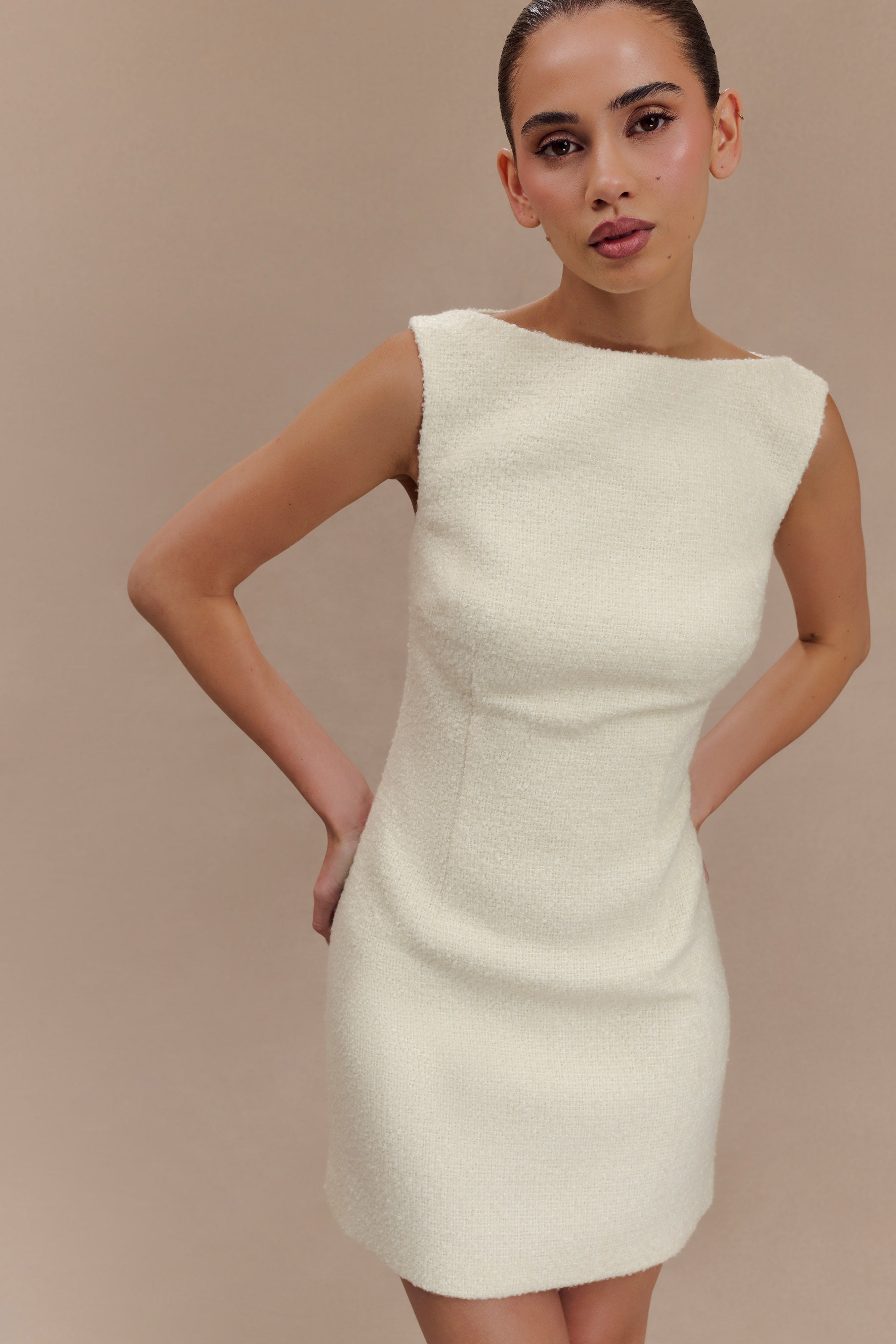 Angela Textured Boucle Mini Dress Ivory - Elegant Women's Party Cocktail Dress for Weddings, Dates & Special Occasions