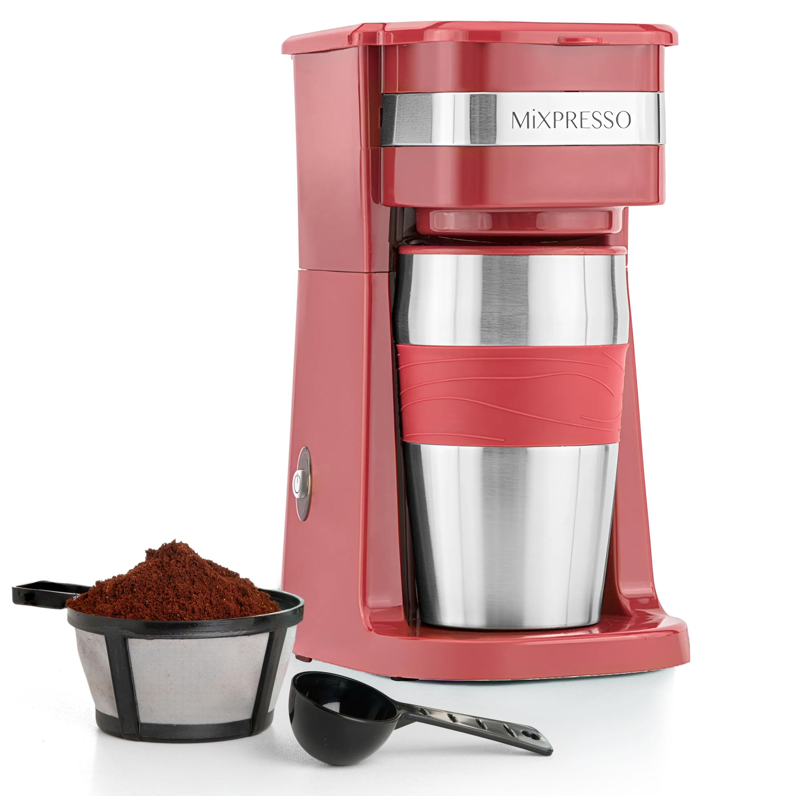 Mixpresso Personal Single-Serve Coffee Maker with 14oz Travel Mug | Compact Drip Coffee Machine & Insulated Tumbler | Auto Shut-Off & Reusable Filter | Ground Coffee Compatible | Perfect for Home, Office & Travel | Red