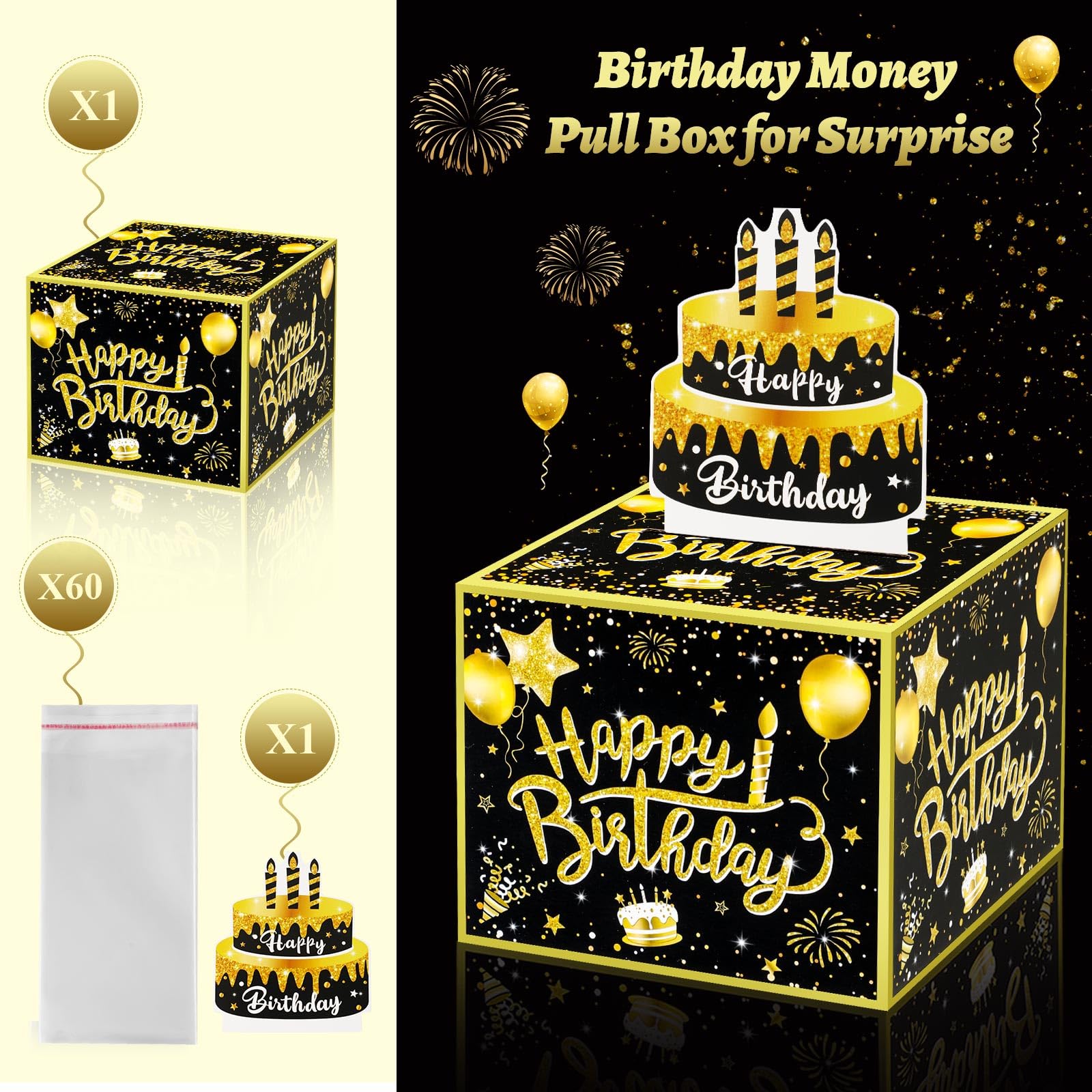 Black and Gold Birthday Money Pull Box with 60 Self-Adhesive Bags - Cash Gift Box for Parents, Lovers & Kids - Perfect for Birthday Parties, Graduations & Special Occasions