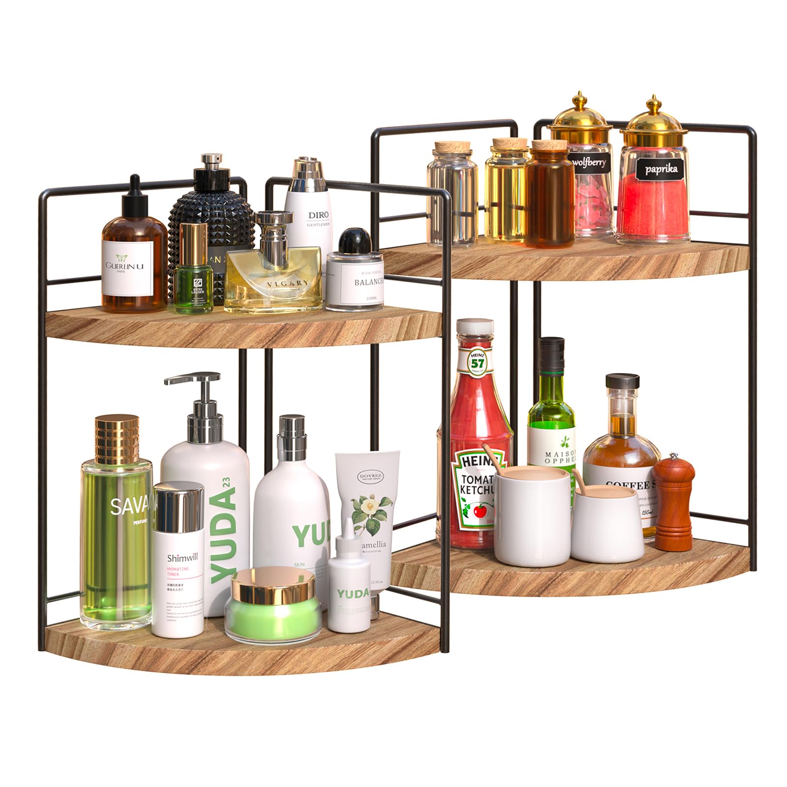2-Pack Wooden 2-Tier Bathroom Counter Organizer - Corner Vanity Tray for Makeup, Jewelry & Essentials - Perfect for Bathroom, Kitchen & Dresser Storage & Decoration