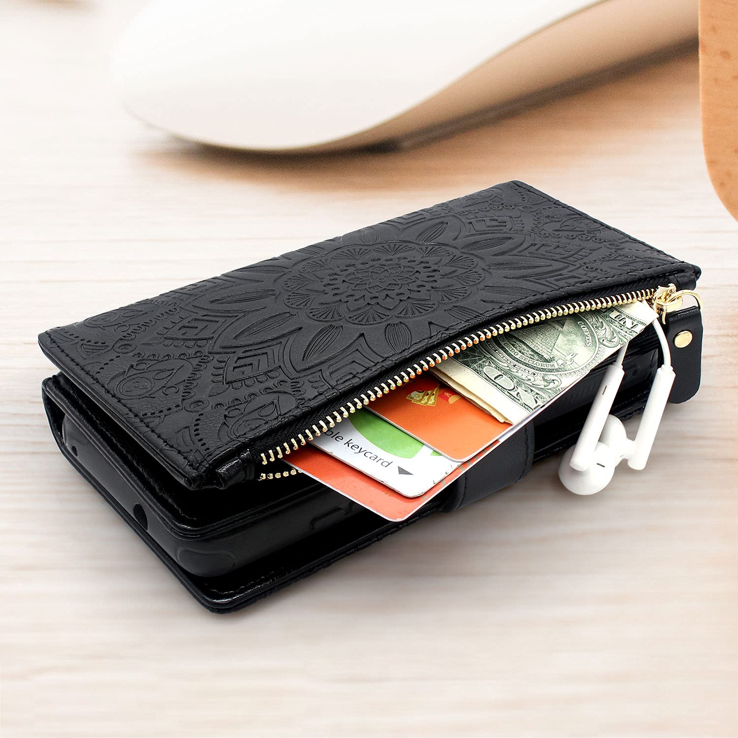 Harryshell Detachable Magnetic Zipper Wallet Case for Motorola Moto G Stylus 5G (2021) - Leather Phone Cover with 12 Card Slots, Cash Pocket & Wrist Strap | Flower Black Design | Perfect for Daily Use, Travel & Business Meetings