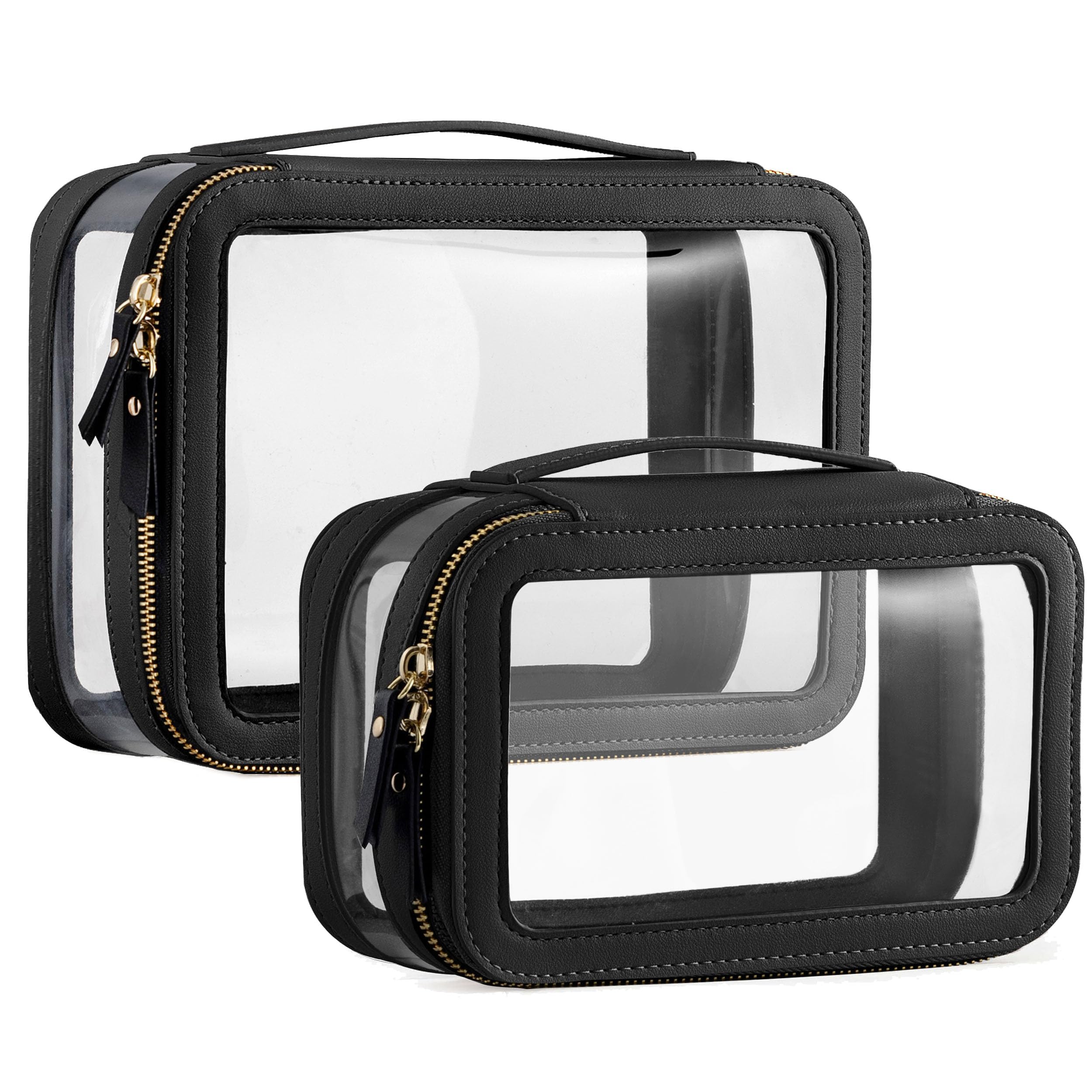 2 Pack Clear Waterproof Makeup Bag for Women - Travel Cosmetic Organizer Pouch, Portable Toiletry Bag for Makeup Brushes & Essentials (Black) - Perfect for Gym, Travel & Daily Use