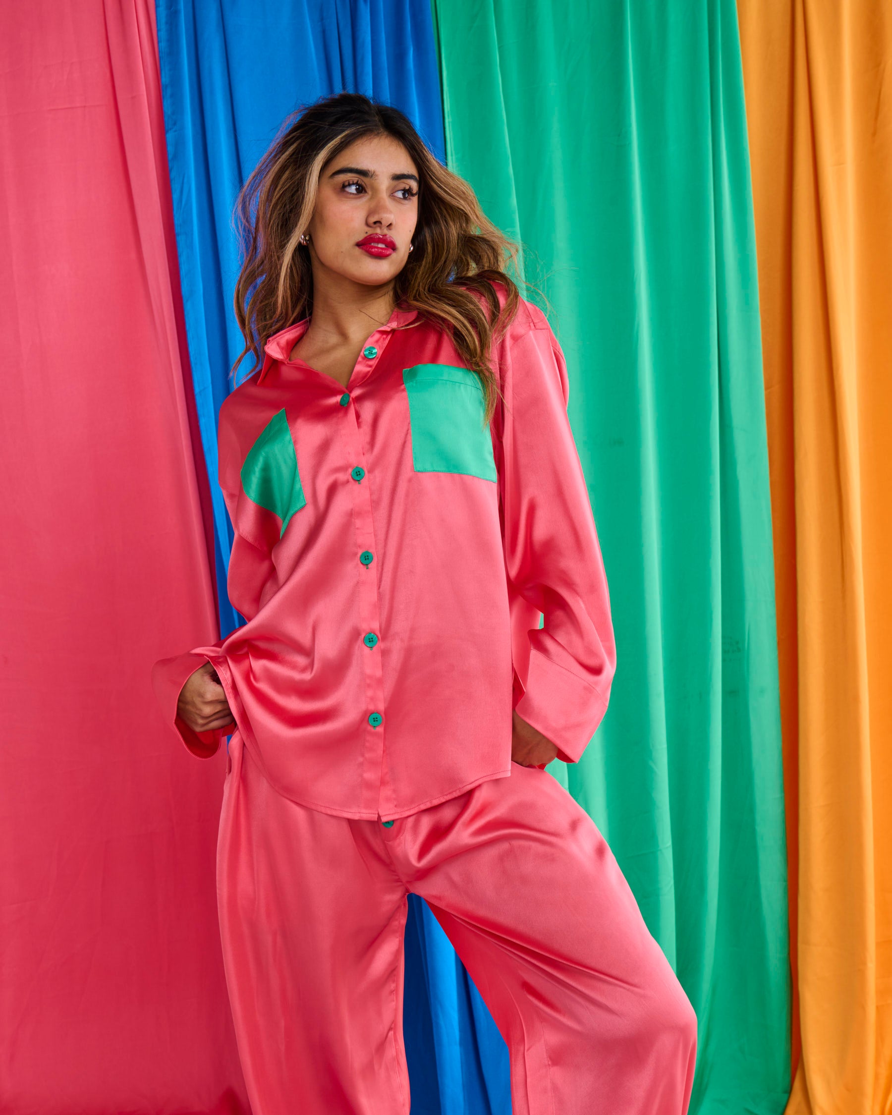 Eco-Friendly Satin Long Sleeve Pajama Set for Women - Cantaloupe Sleepwear with Comfortable Pants | Perfect for Lounge, Sleep & Relaxation at Home
