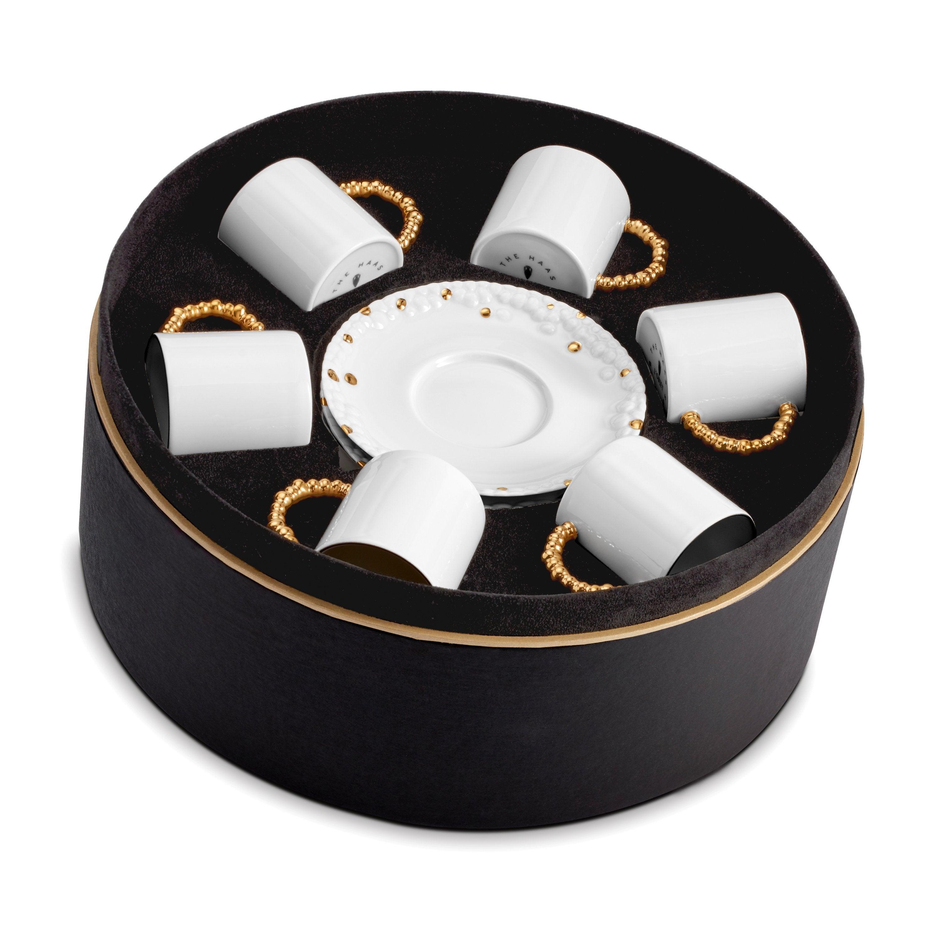 Premium Haas Mojave Espresso Cup & Saucer Set - 6-Piece White Ceramic Coffee Cups with Gold Trim - Perfect for Home, Cafe & Restaurant Use